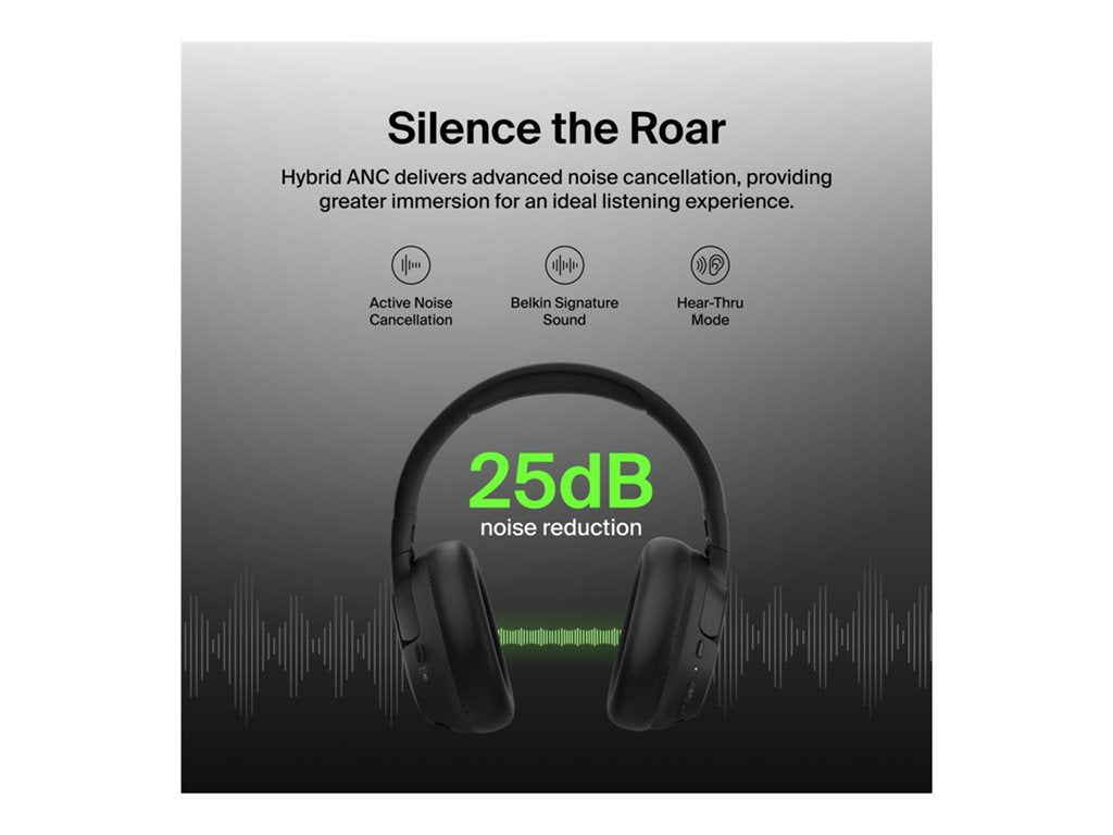 Belkin SoundForm Isolate - Headphones with mic - full size - Bluetooth - wireless, wired - active noise canceling - USB-C, 3.5 AUD008FQBK