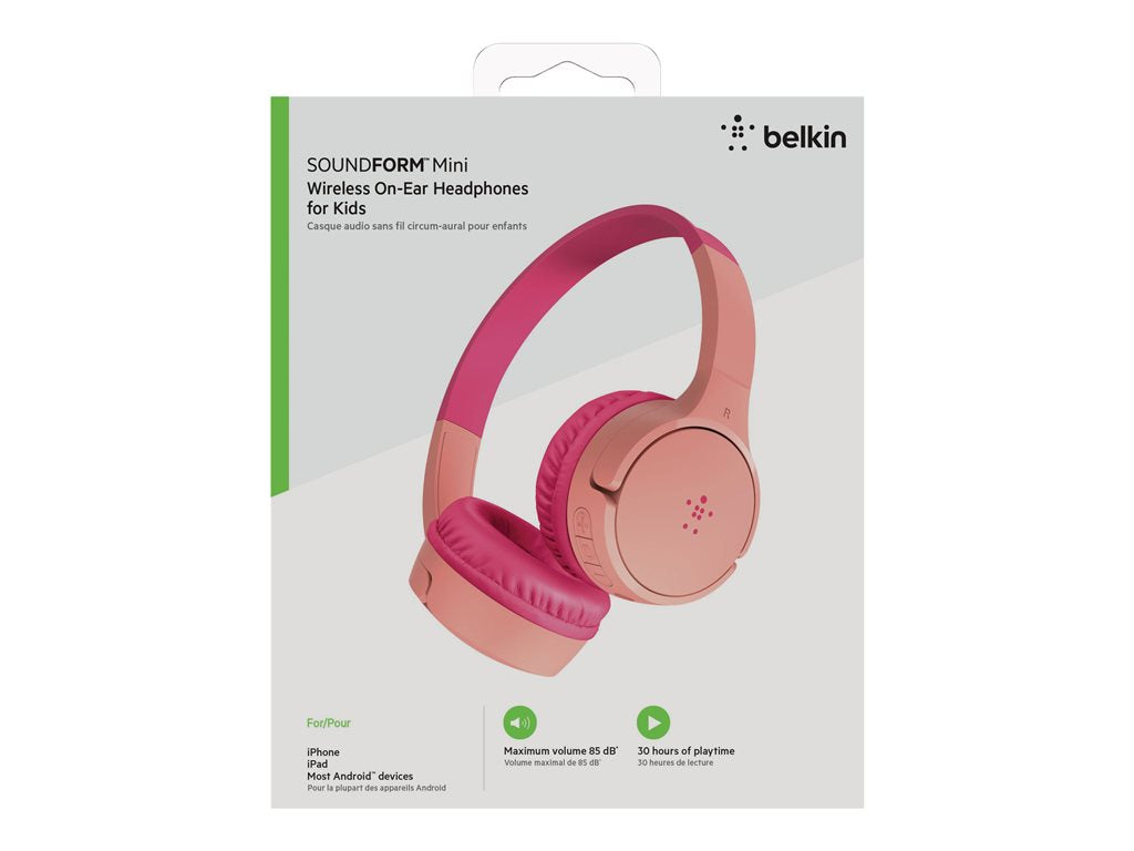 Belkin SoundForm Mini - Headphones with mic - on-ear - Bluetooth - wireless, wired - 3.5 mm jack - pink AUD001BTPKV3
