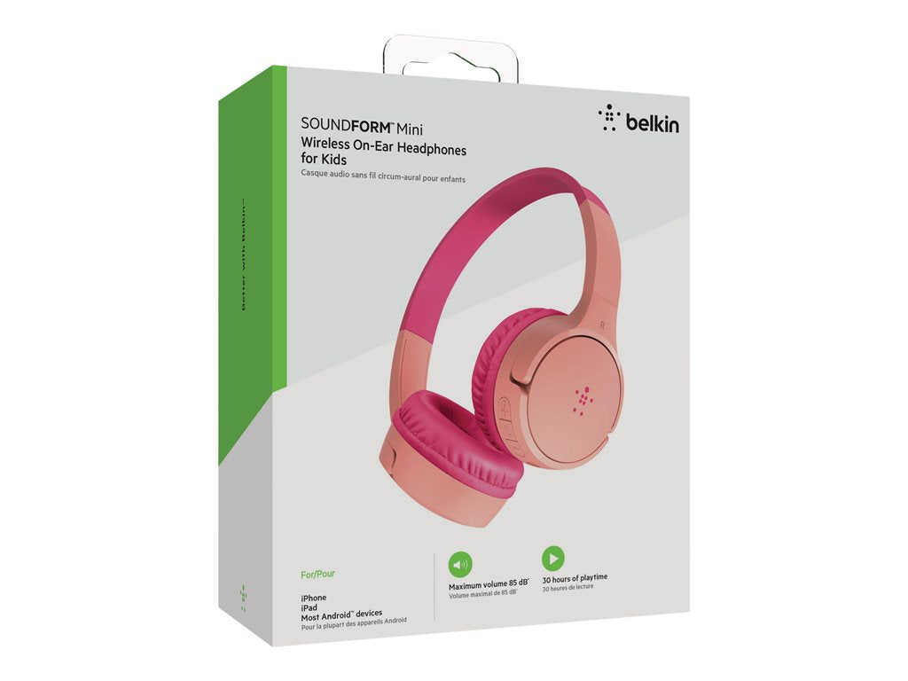 Belkin SoundForm Mini - Headphones with mic - on-ear - Bluetooth - wireless, wired - 3.5 mm jack - pink AUD001BTPKV3