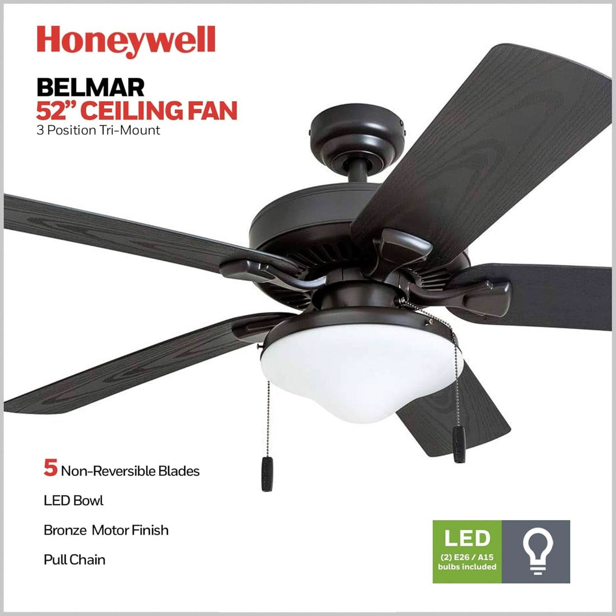 Belmar 52 Inch Bronze Damp Rated Ceiling Fan LED Light