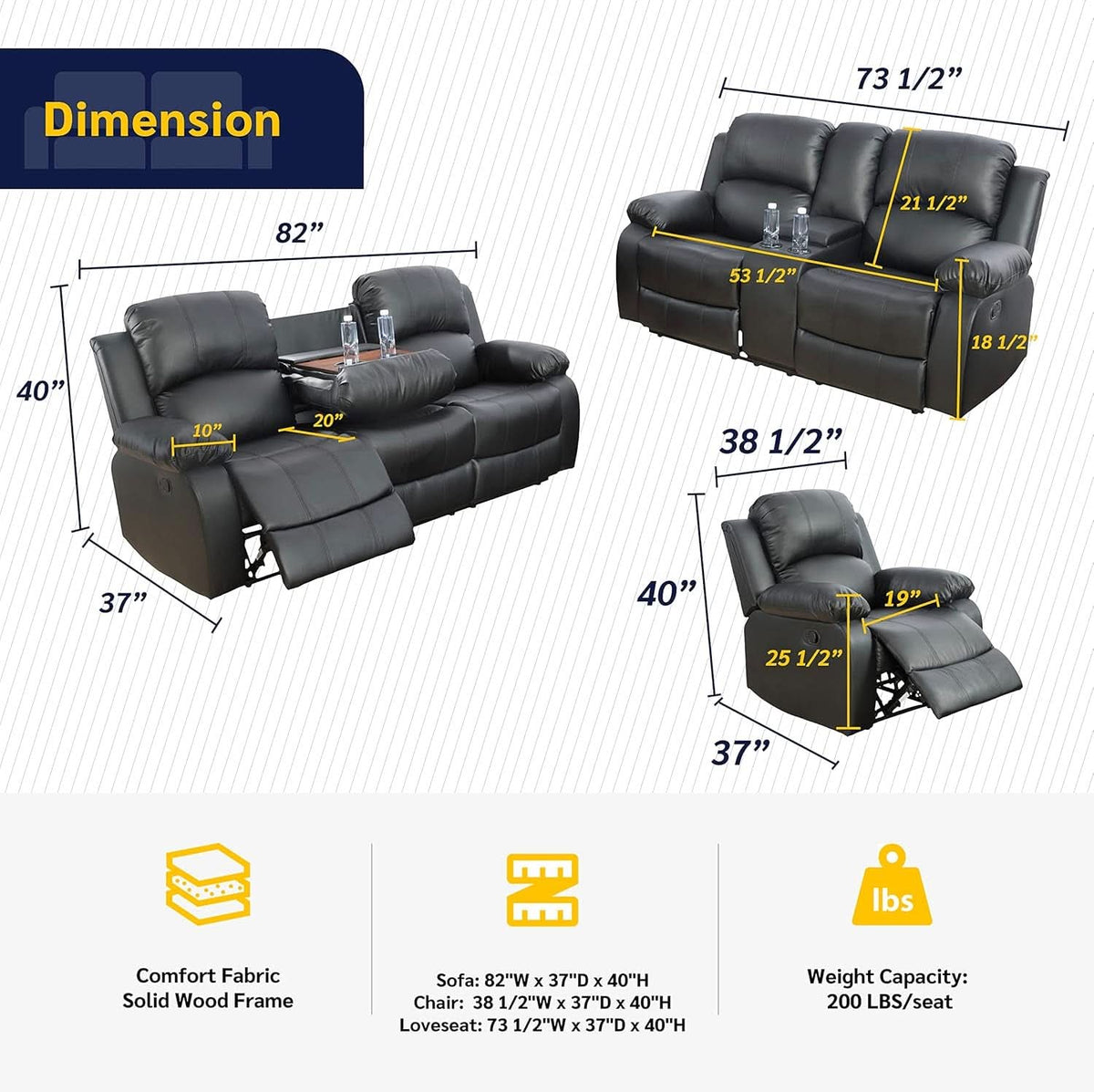 Beverly Fine 3 Piece Recliner Living Room Set Faux Leather