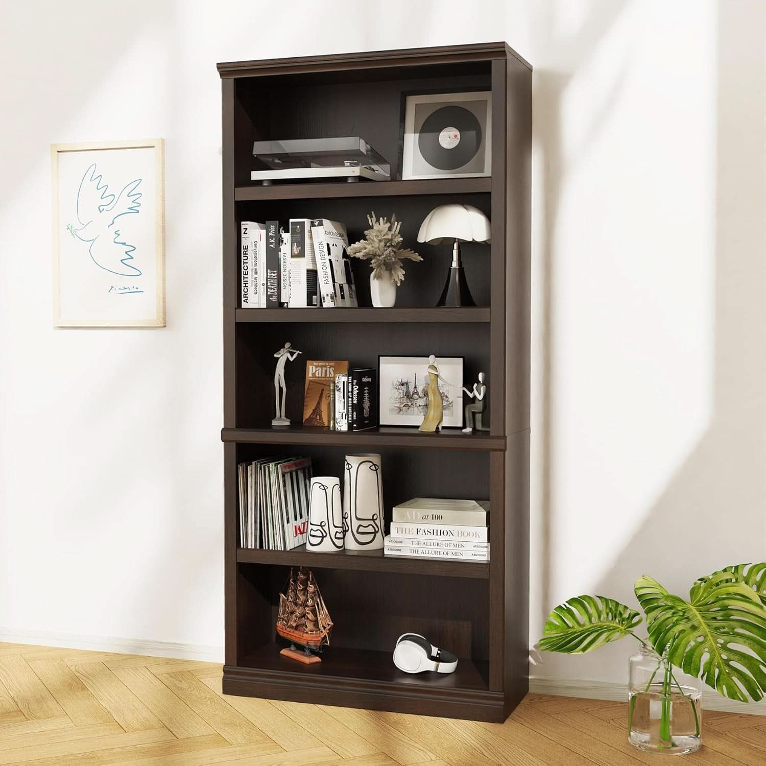 Bevfint 70 Inch Dark Cherry 5 Tier Floor Standing Bookcase