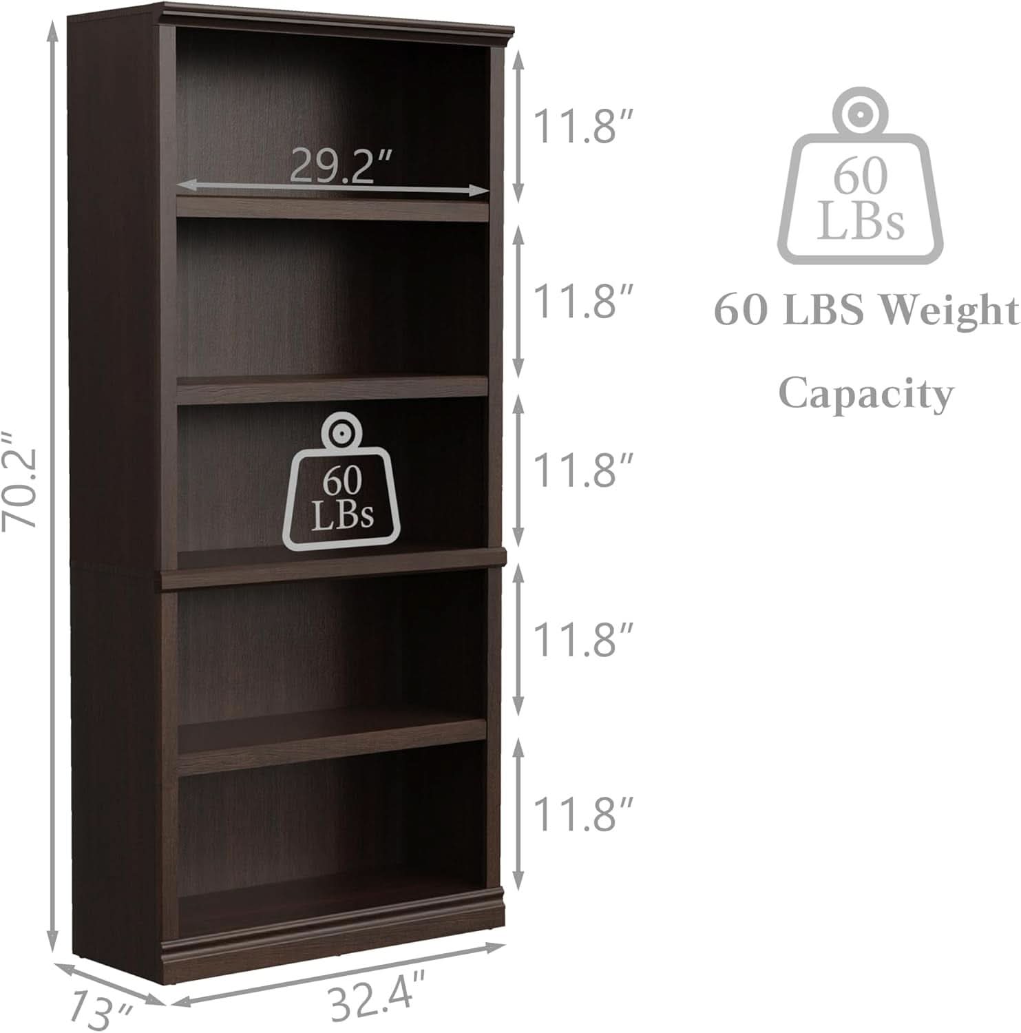 Bevfint 70 Inch Dark Cherry 5 Tier Floor Standing Bookcase
