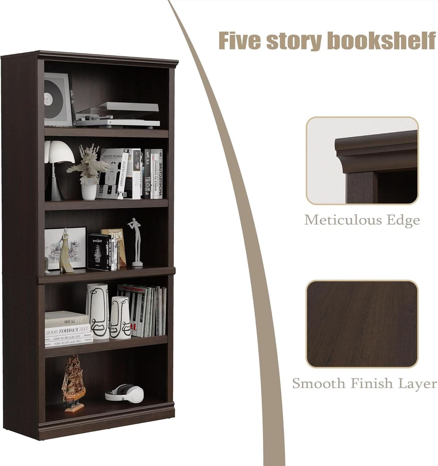 Bevfint 70 Inch Dark Cherry 5 Tier Floor Standing Bookcase