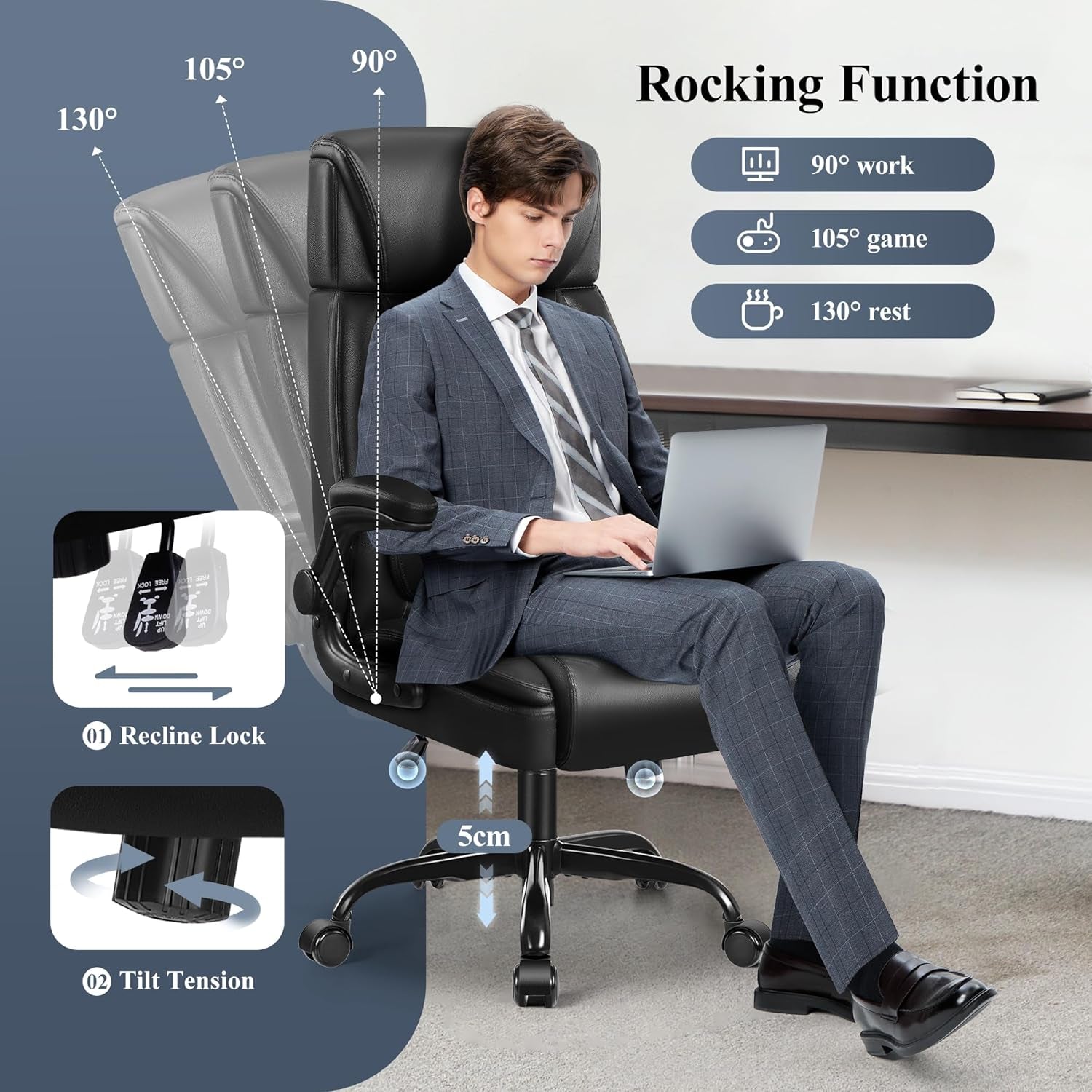 Big Tall Leather Office Chair With Lumbar Support And Flip Up Arms