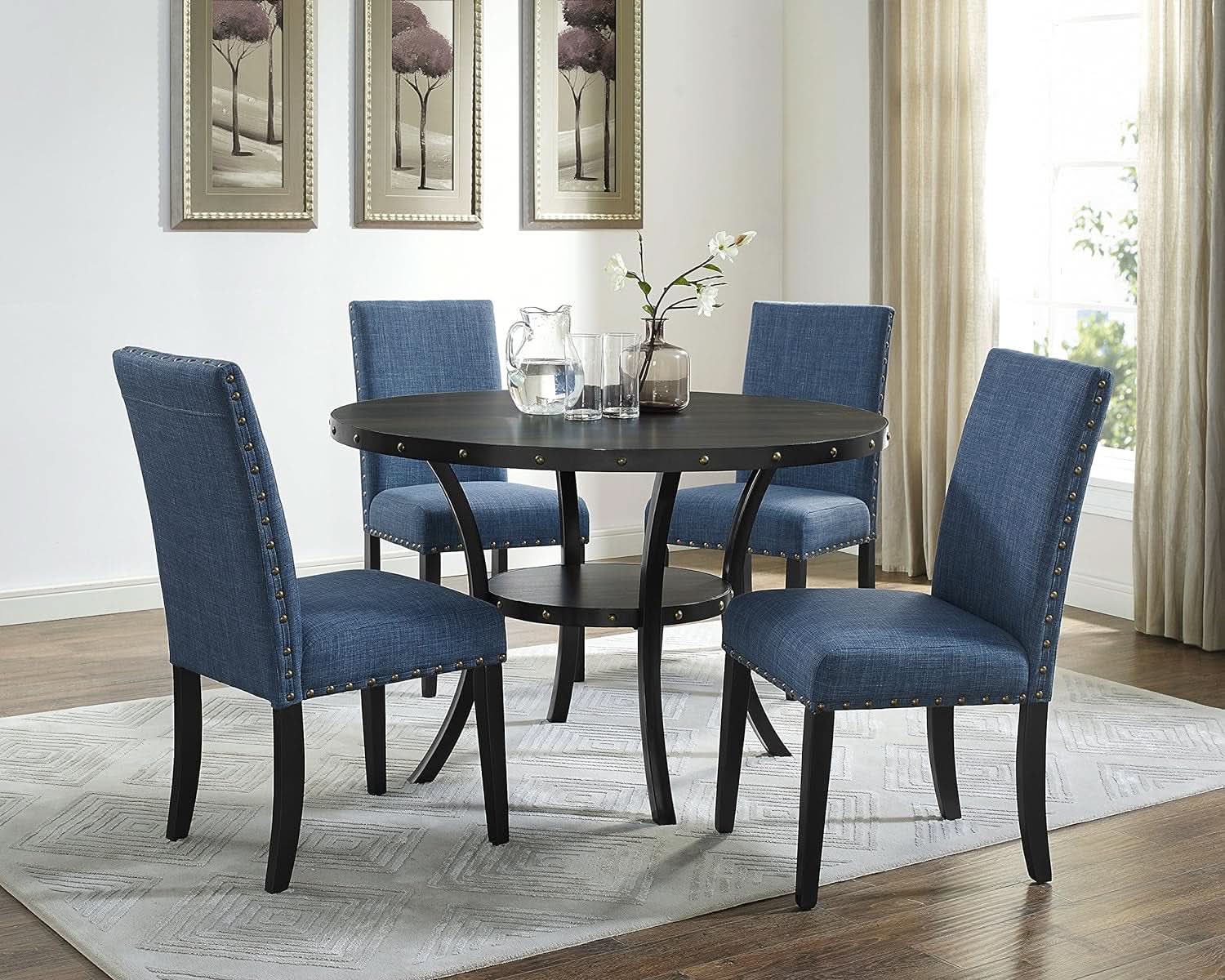 Biony Blue Fabric Dining Chair Set of 2 With Nailhead Trim