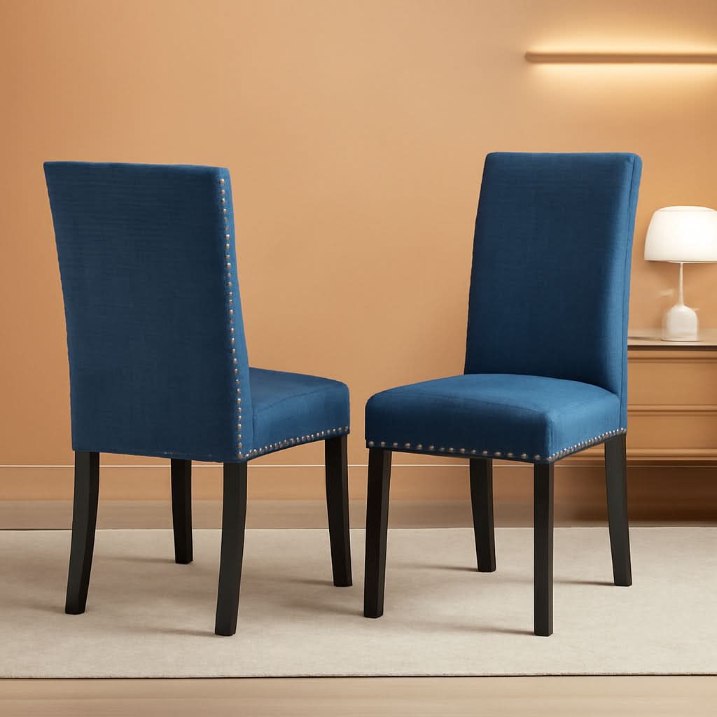 Biony Blue Fabric Dining Chair Set of 2 With Nailhead Trim