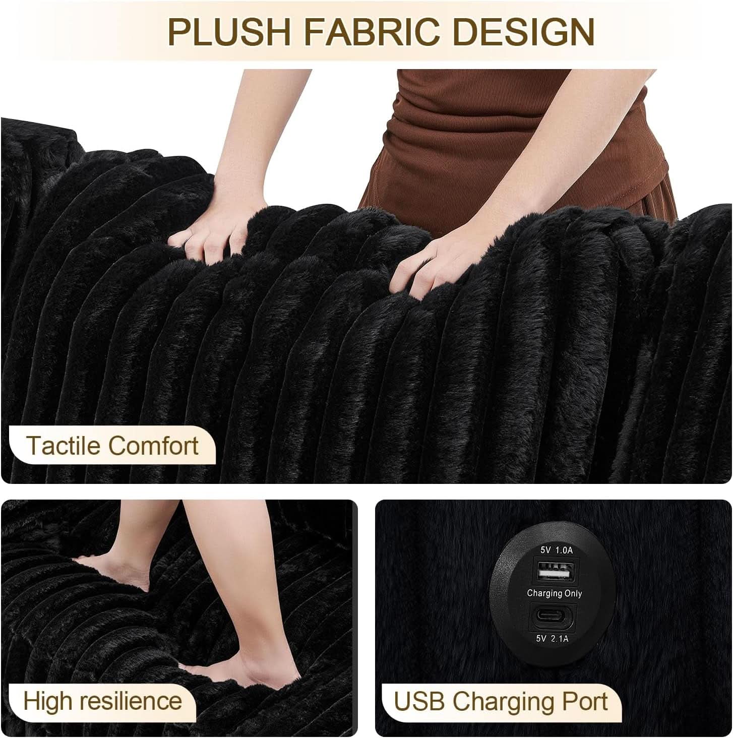 Black 122Inch U Shaped Sleeper Sectional USB Charging Ports