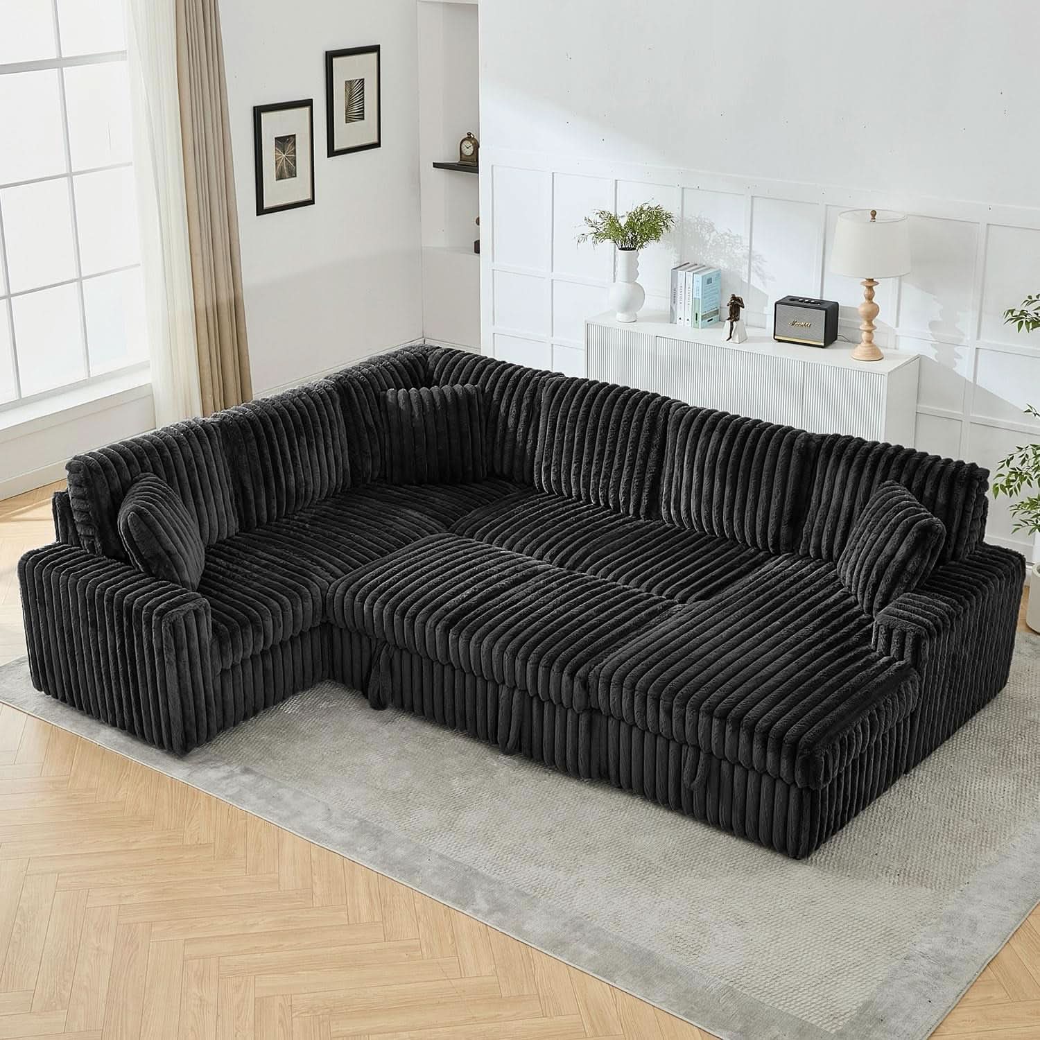 Black 122Inch U Shaped Sleeper Sectional USB Charging Ports