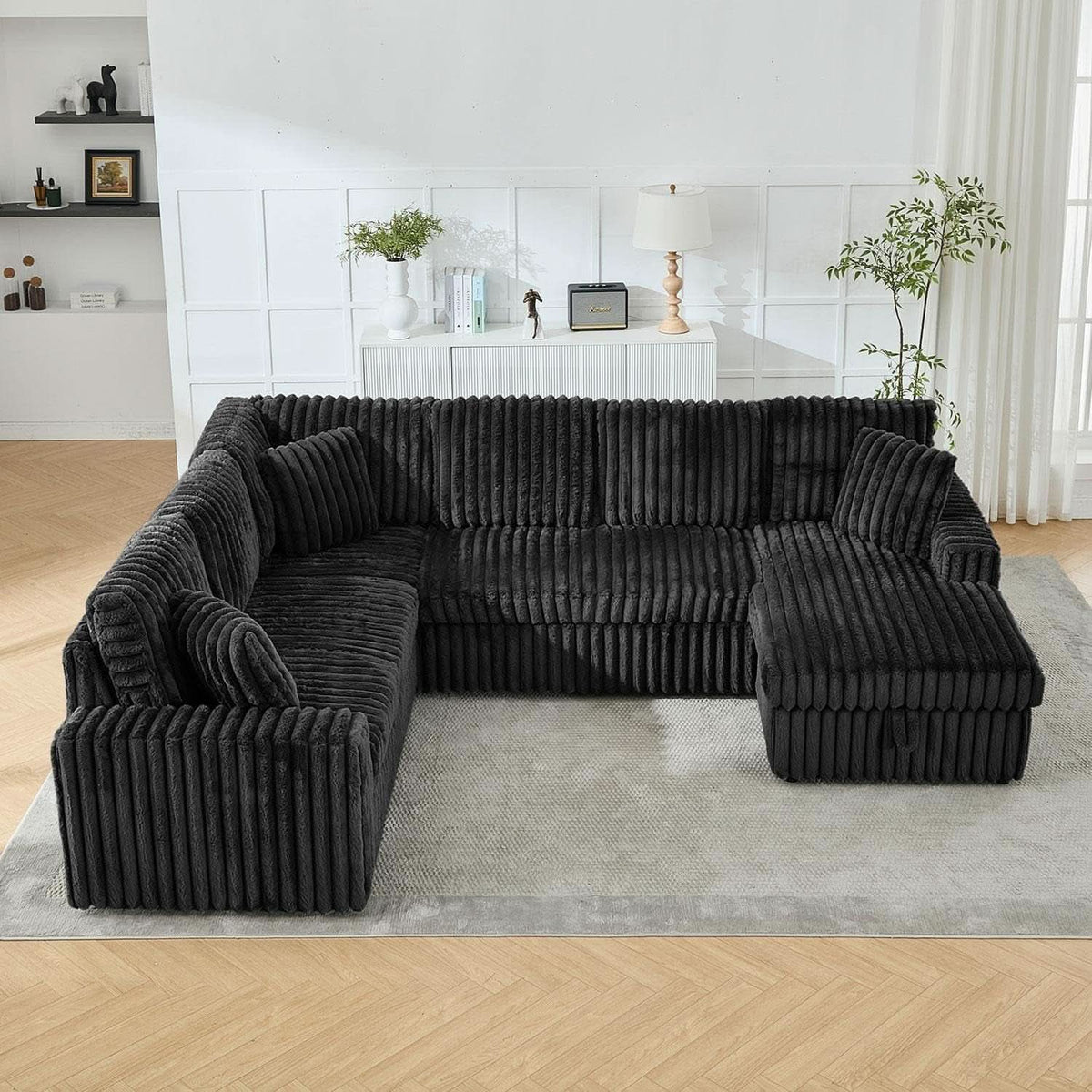 Black 122Inch U Shaped Sleeper Sectional USB Charging Ports