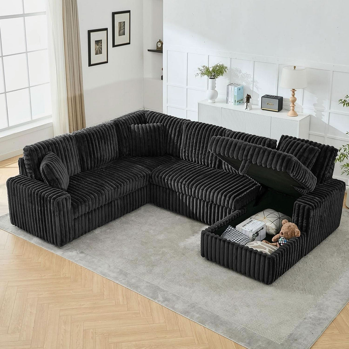Black 122Inch U Shaped Sleeper Sectional USB Charging Ports