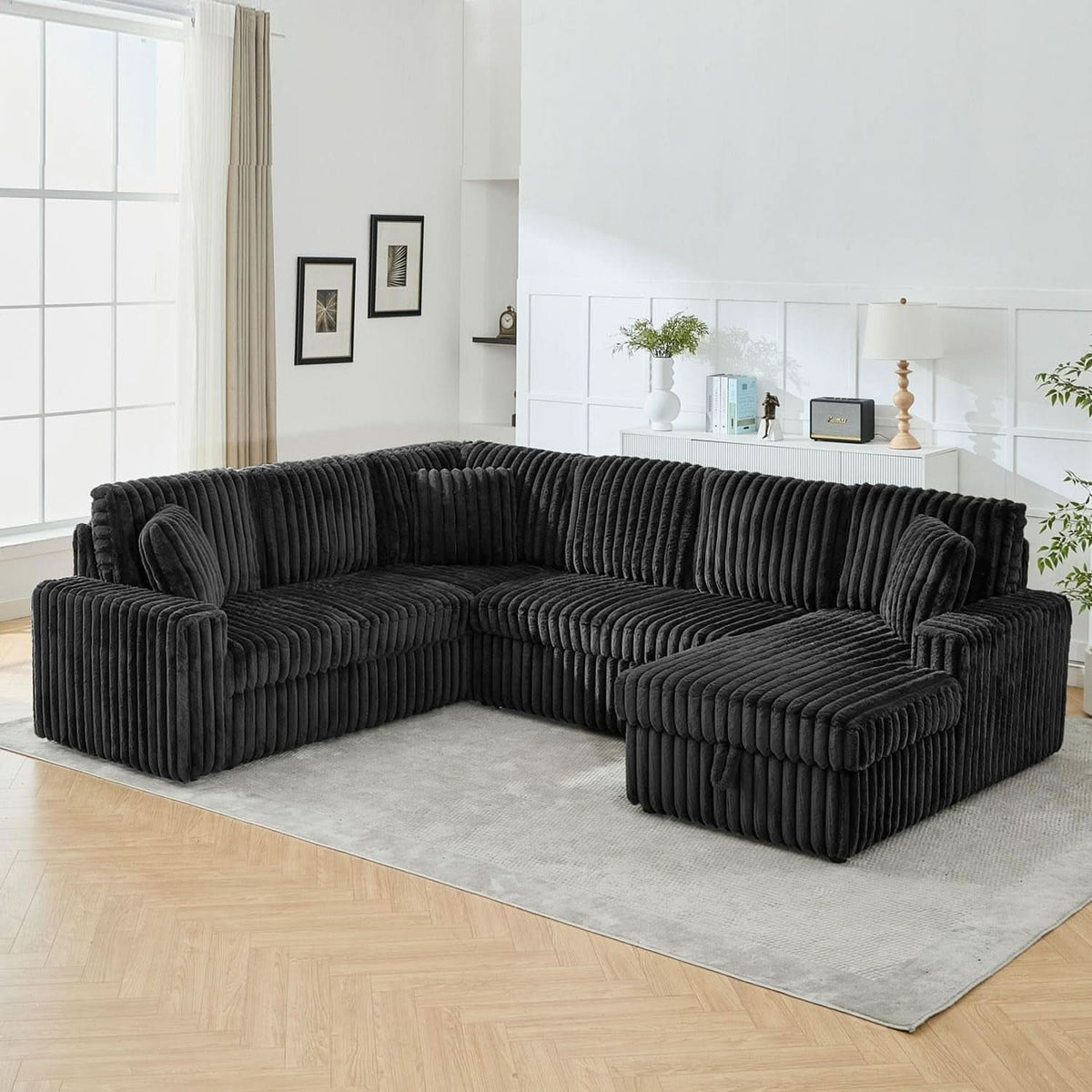 Black 122Inch U Shaped Sleeper Sectional USB Charging Ports