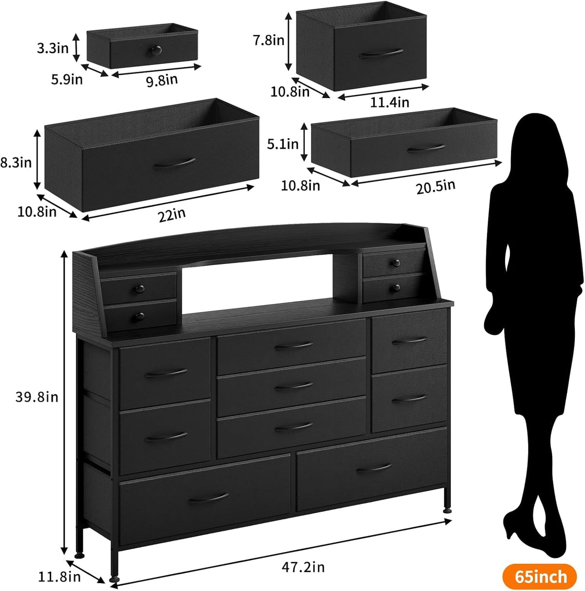 Black 13 Drawer Dresser With Fabric Chest Of Drawers PU Finish