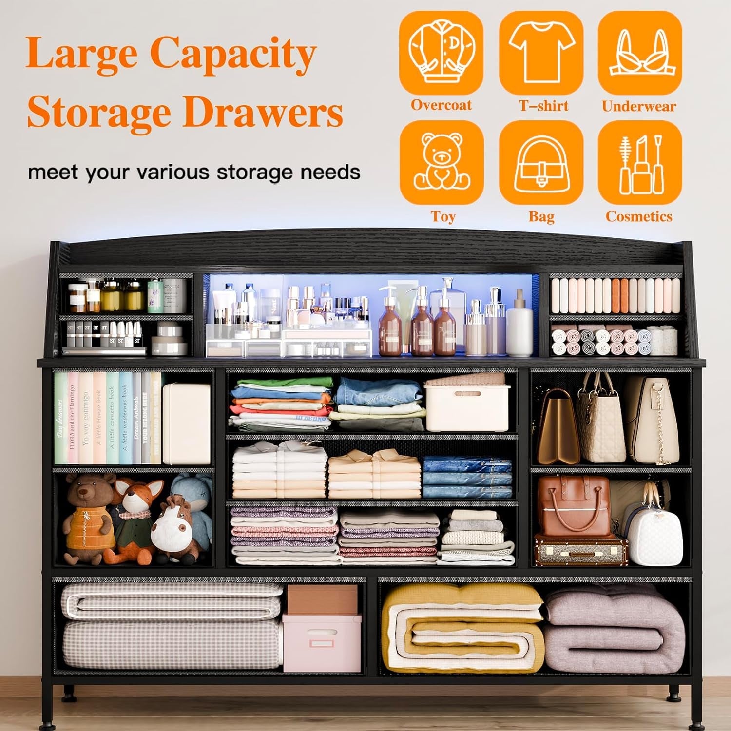 Black 13 Drawer Dresser With Fabric Chest Of Drawers PU Finish