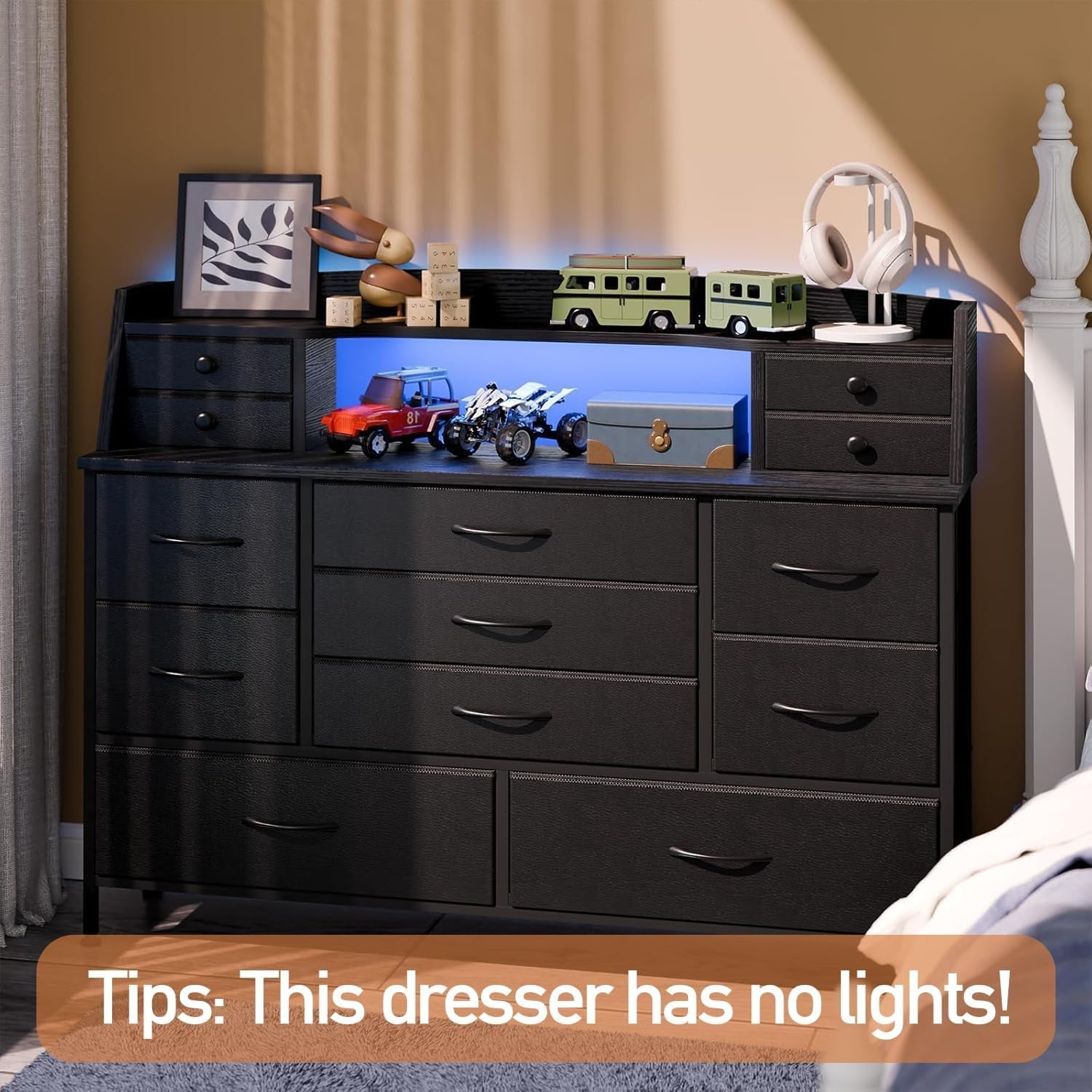 Black 13 Drawer Dresser With Fabric Chest Of Drawers PU Finish