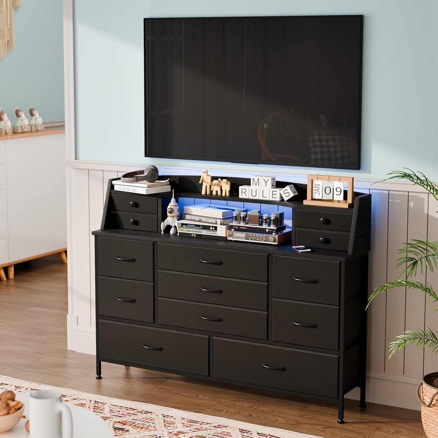 Black 13 Drawer Dresser With Fabric Chest Of Drawers PU Finish