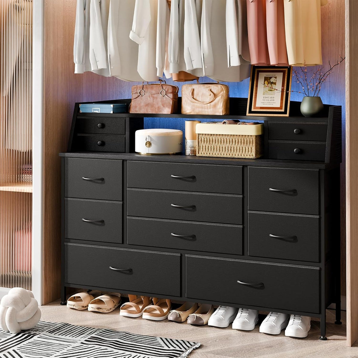 Black 13 Drawer Dresser With Fabric Chest Of Drawers PU Finish