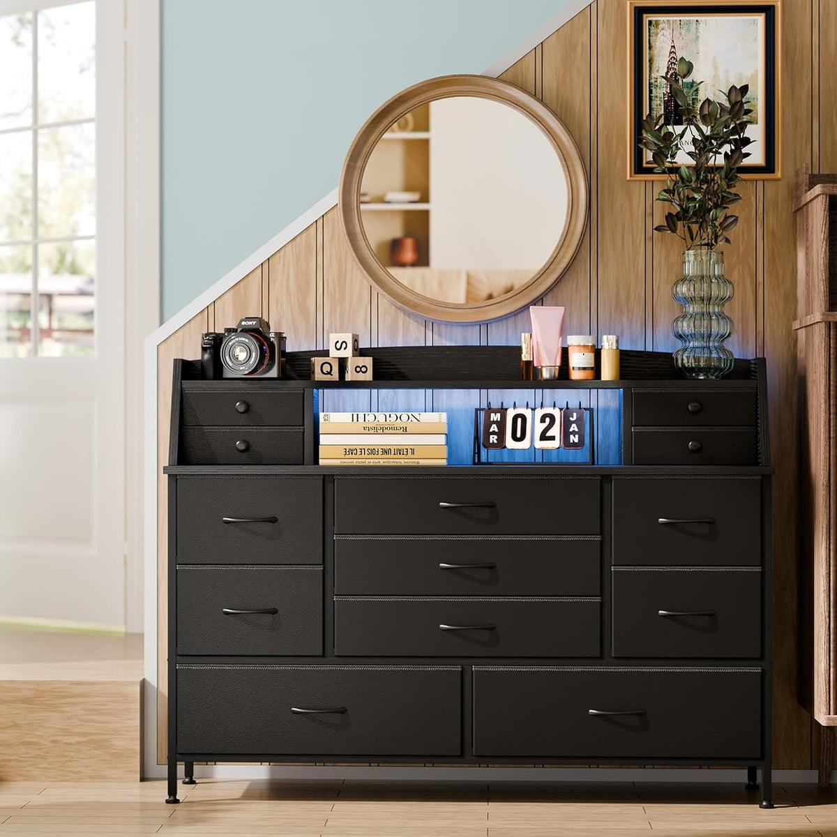 Black 13 Drawer Dresser With Fabric Chest Of Drawers PU Finish