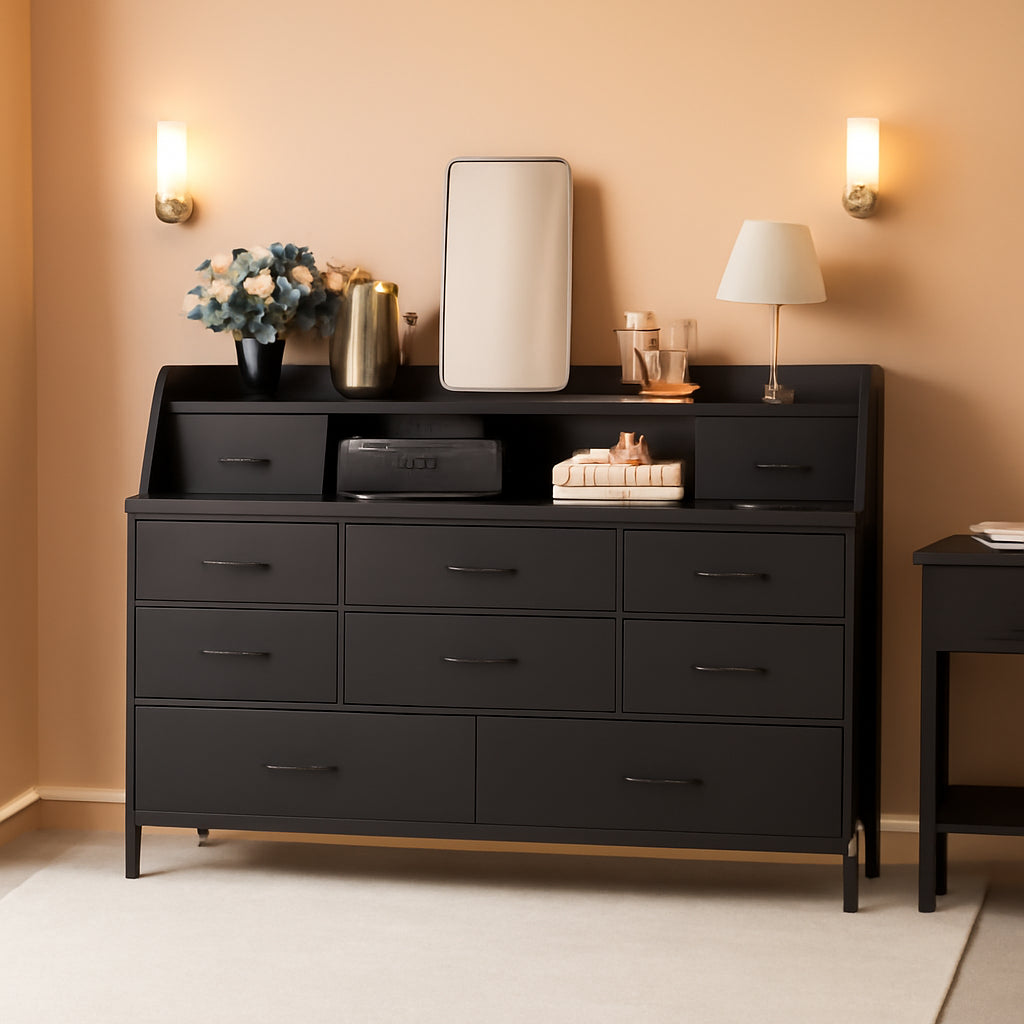 Black 13 Drawer Dresser With Fabric Chest Of Drawers PU Finish