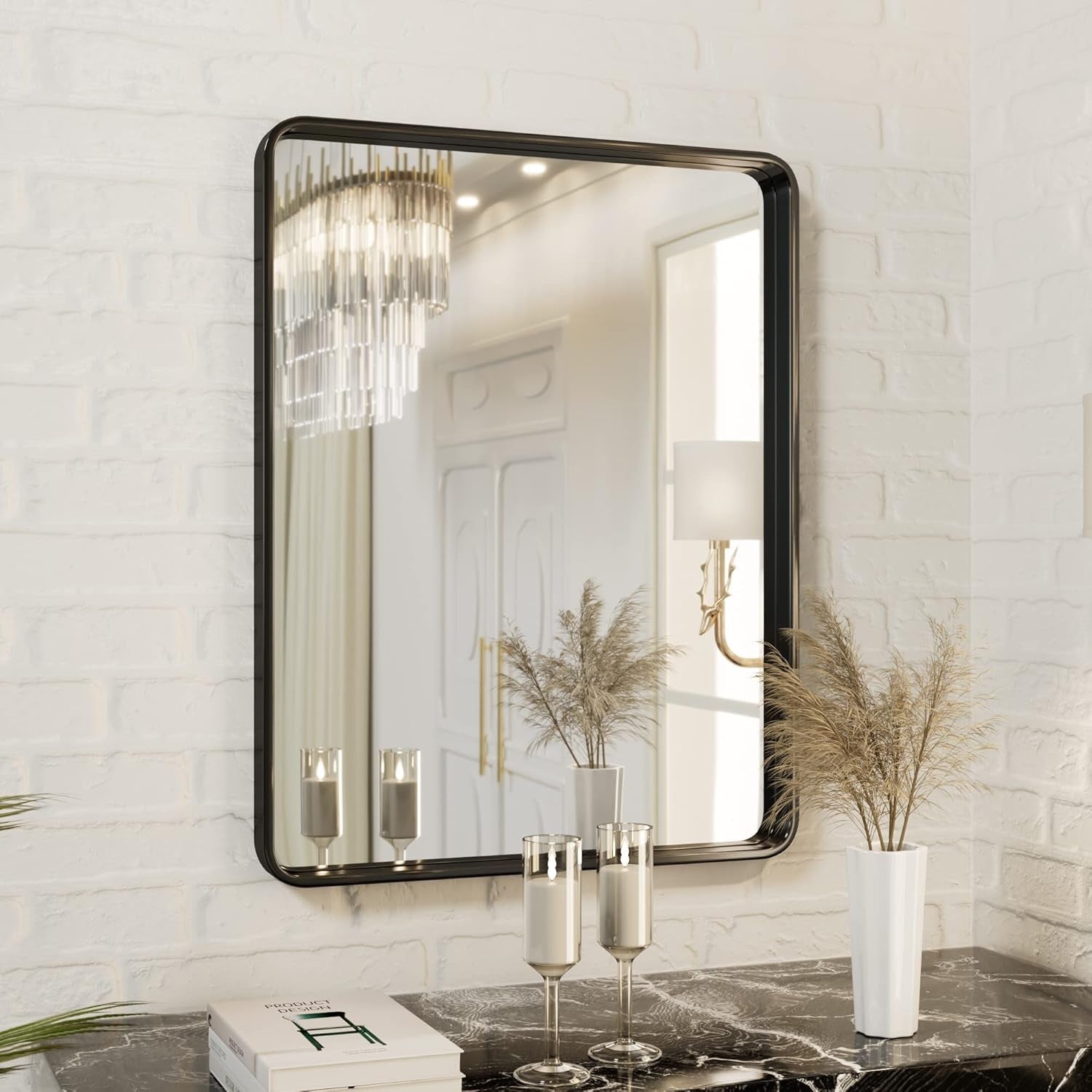 Black 18x30 Inch Square Bathroom Mirror Wall Mounted