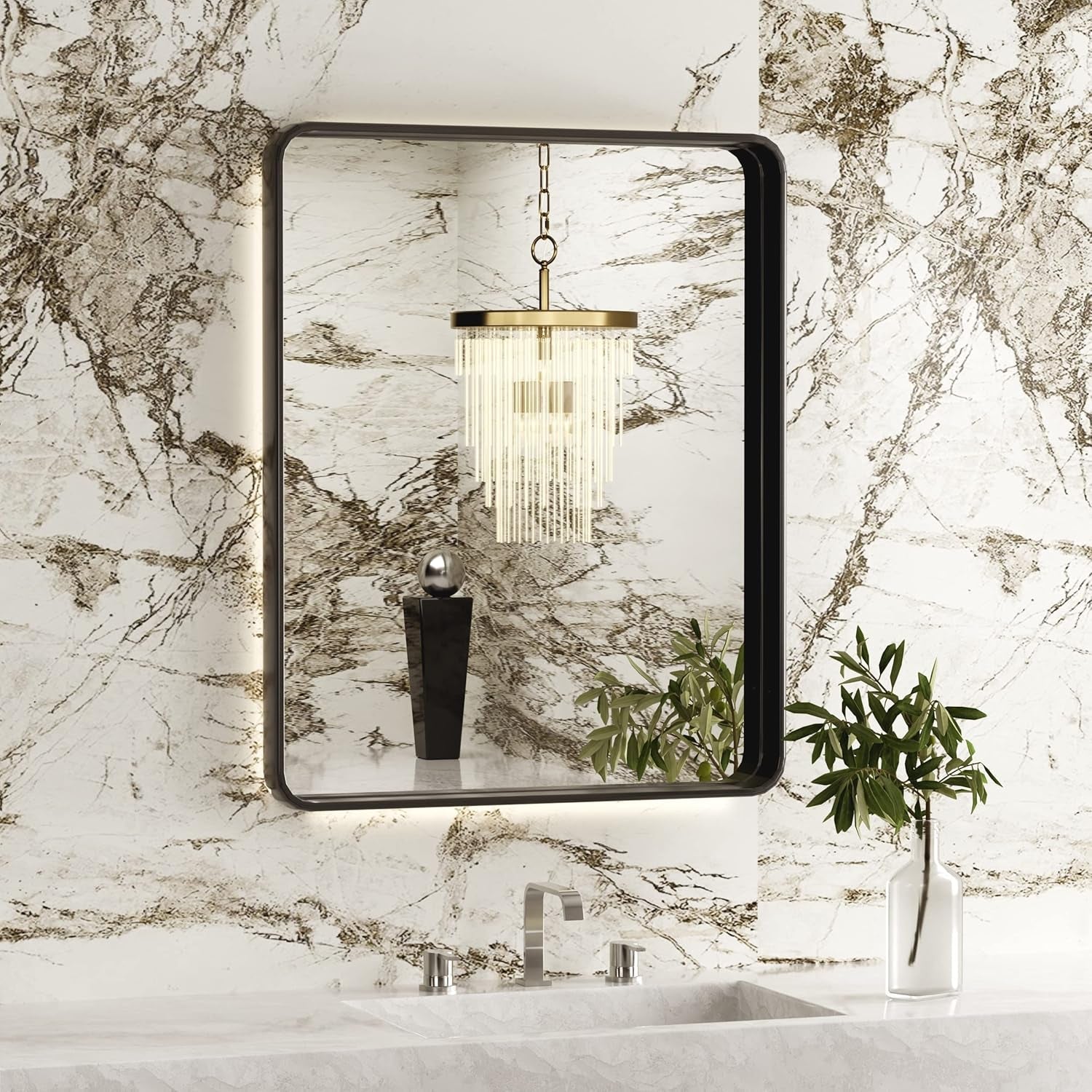 Black 18x30 Inch Square Bathroom Mirror Wall Mounted