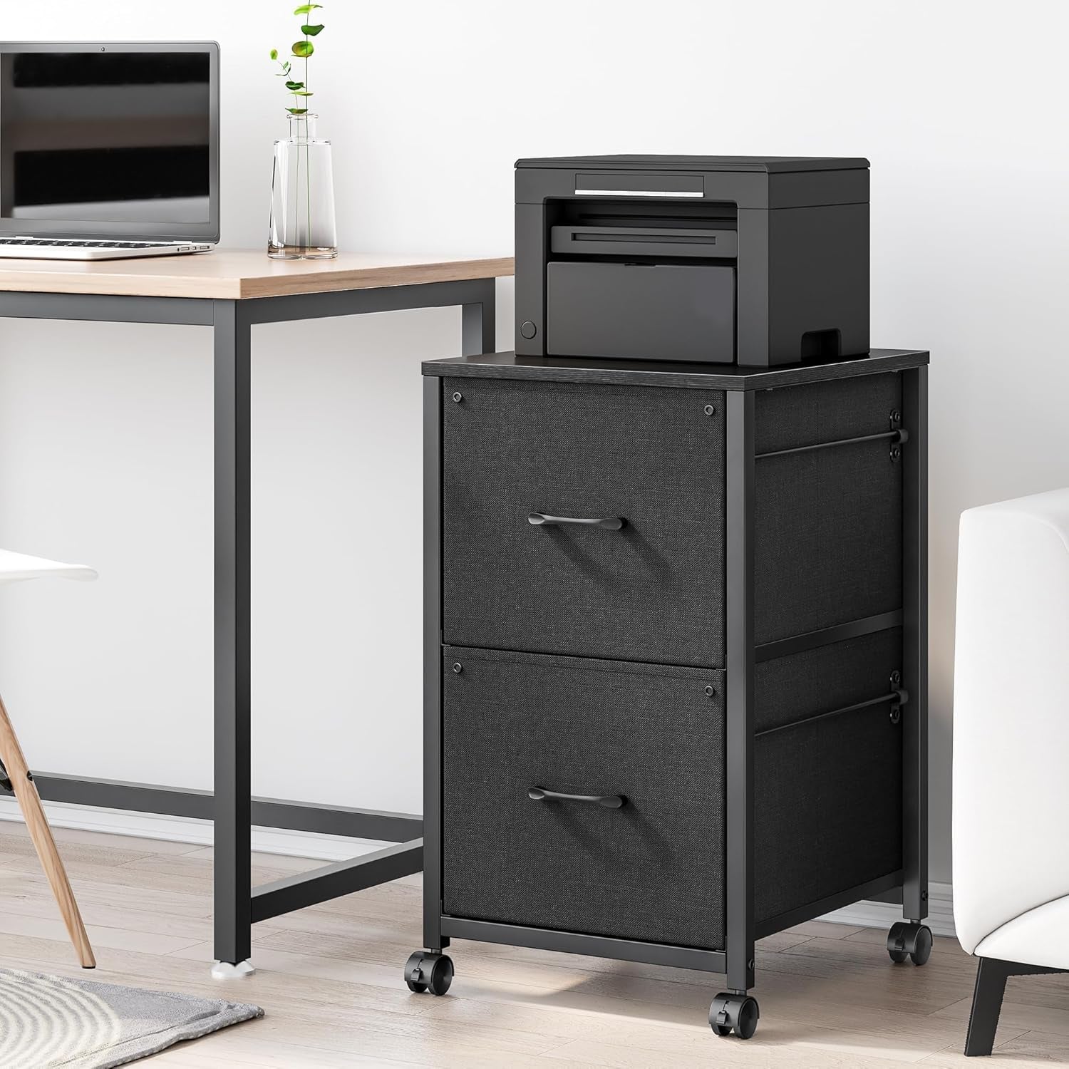 Black 2 Drawer Fabric File Cabinet With Rolling Base