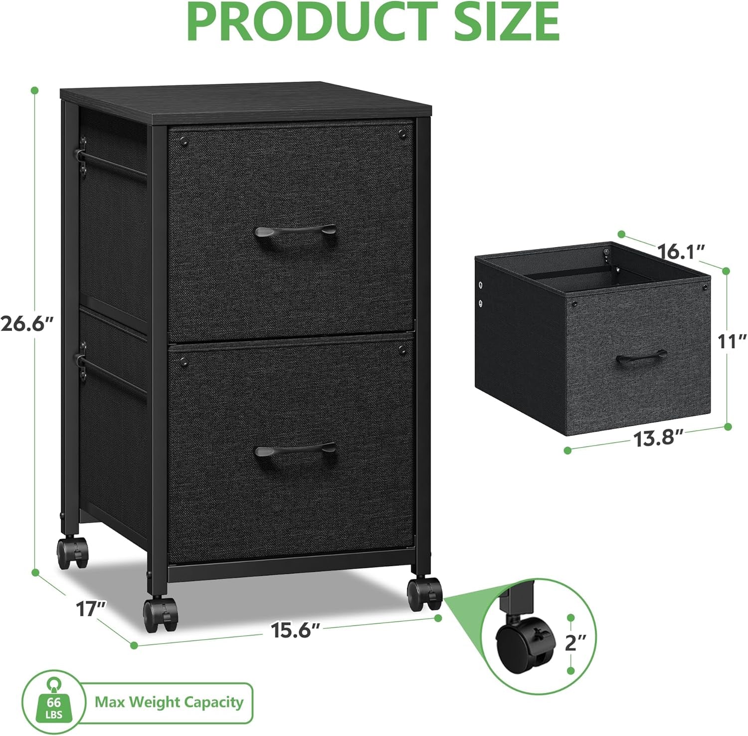 Black 2 Drawer Fabric File Cabinet With Rolling Base