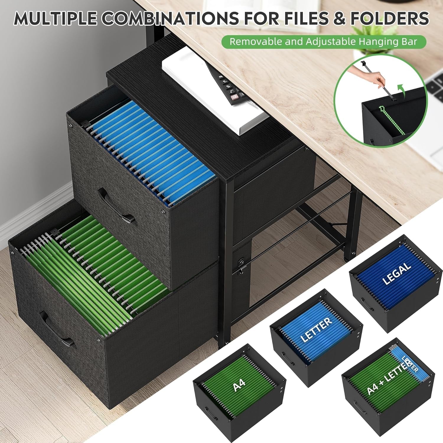 Black 2 Drawer Fabric File Cabinet With Rolling Base