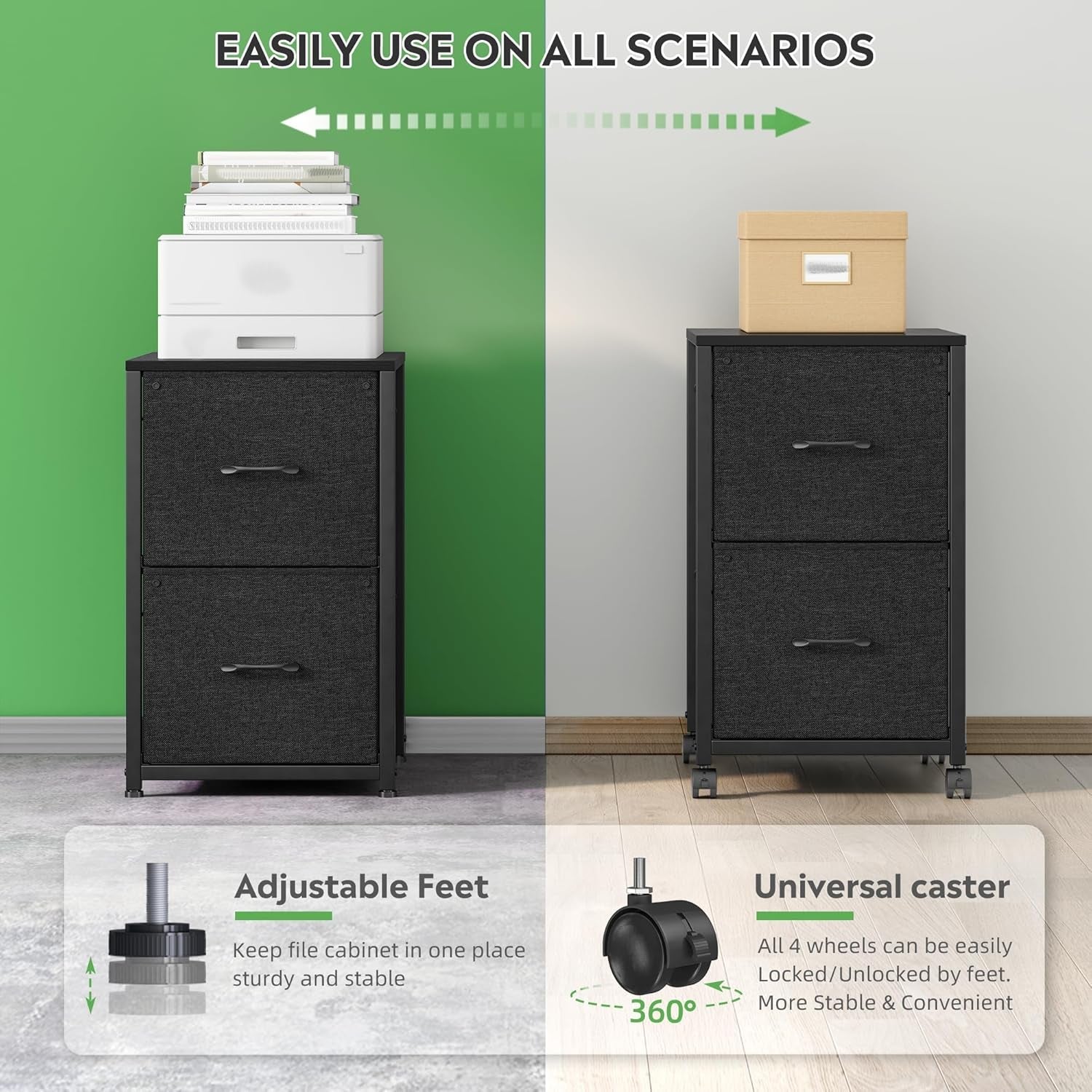 Black 2 Drawer Fabric File Cabinet With Rolling Base