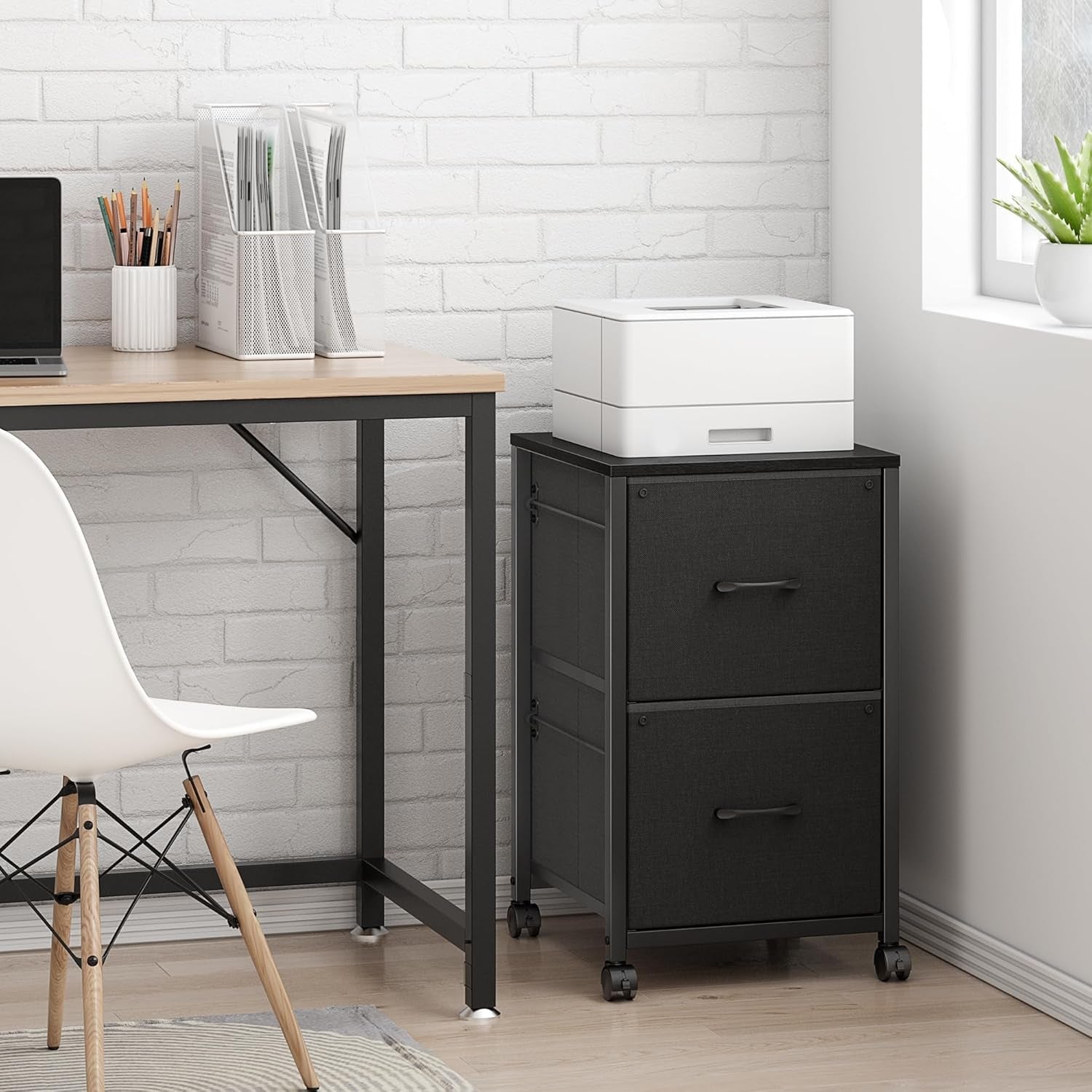 Black 2 Drawer Fabric File Cabinet With Rolling Base