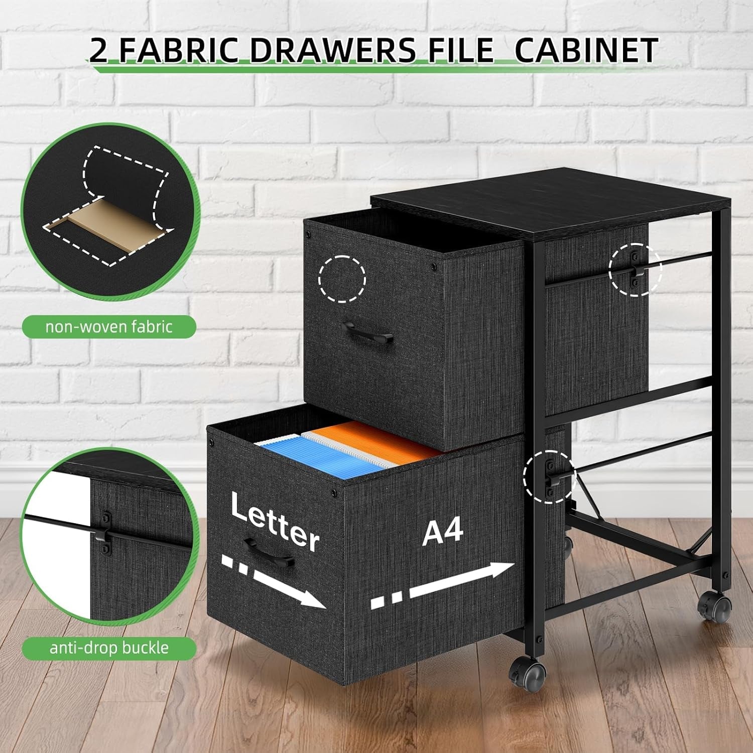 Black 2 Drawer Fabric File Cabinet With Rolling Base