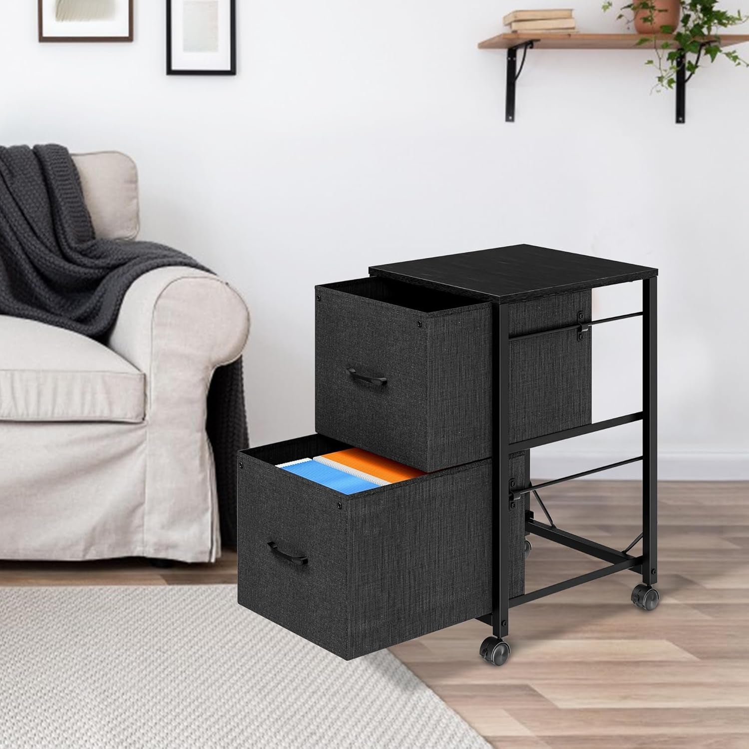 Black 2 Drawer Fabric File Cabinet With Rolling Base