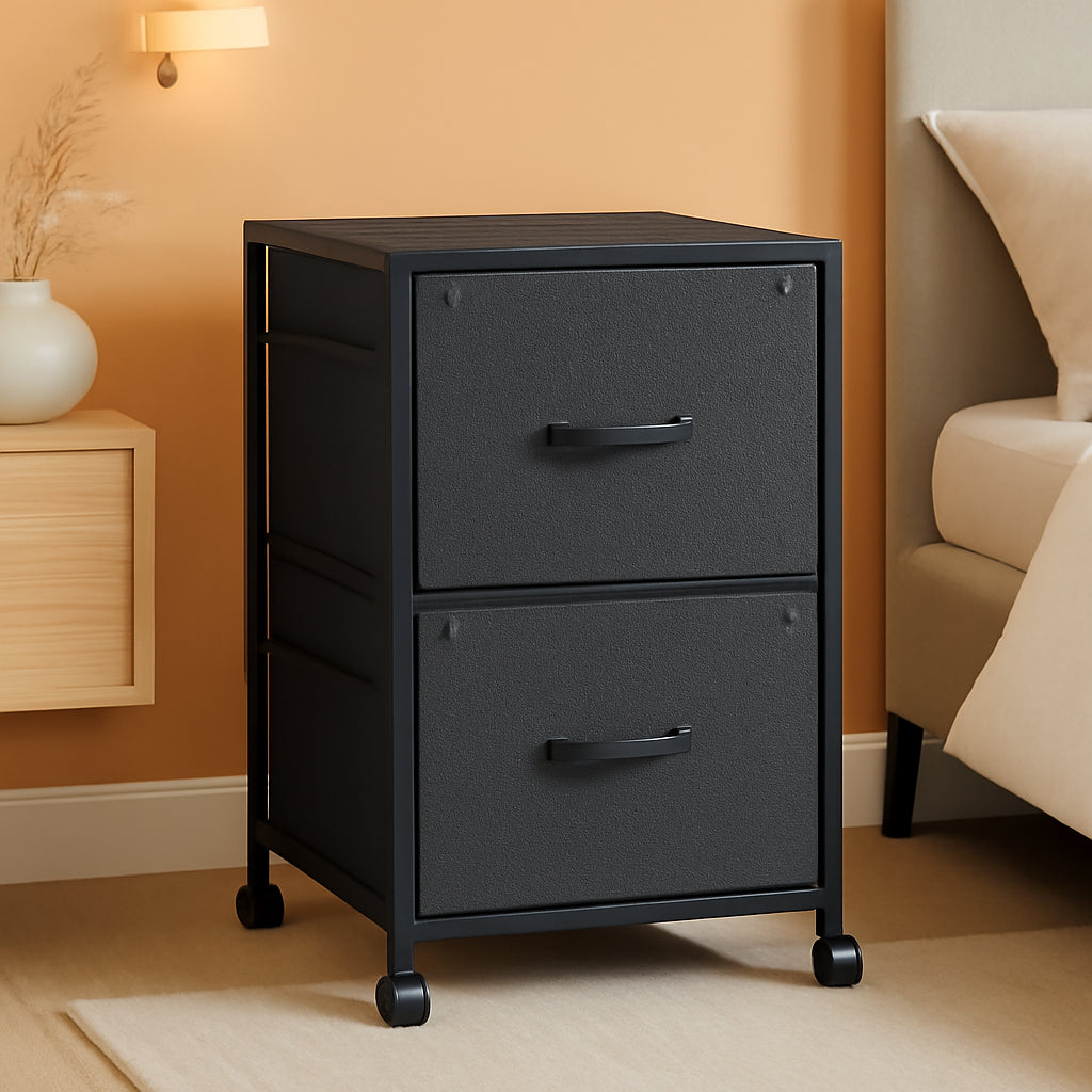 Black 2 Drawer Fabric File Cabinet With Rolling Base