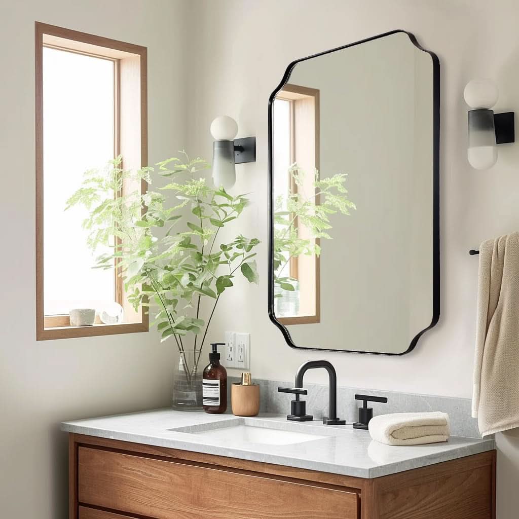 Black 22x30 Inch Scalloped Bathroom Mirror Stainless Frame