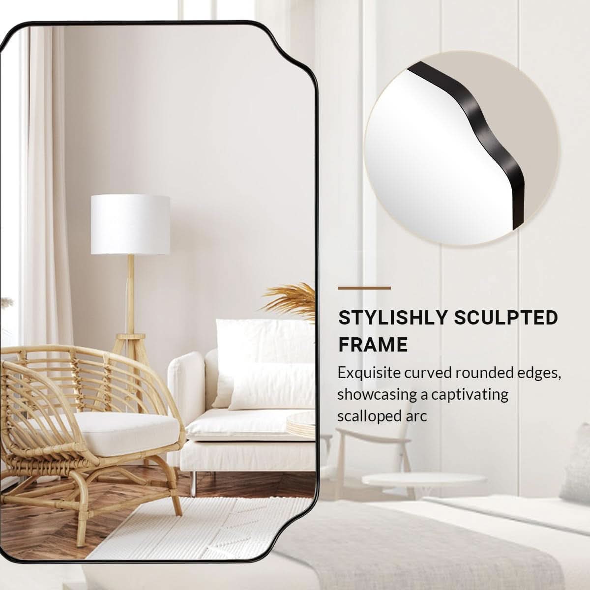 Black 22x30 Inch Scalloped Bathroom Mirror Stainless Frame