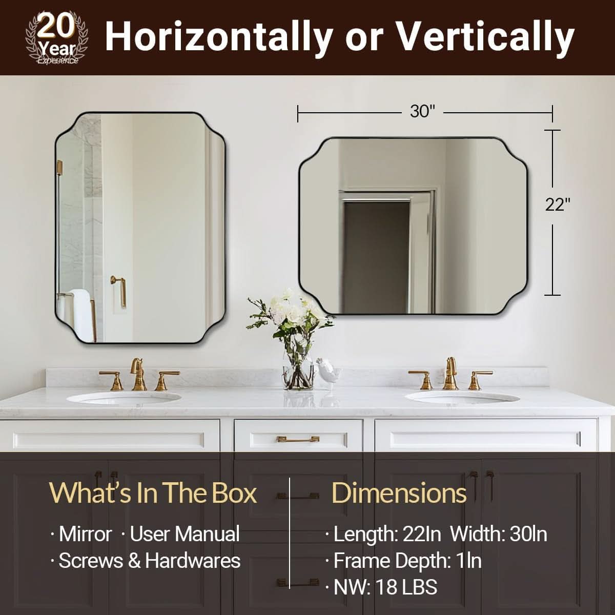 Black 22x30 Inch Scalloped Bathroom Mirror Stainless Frame