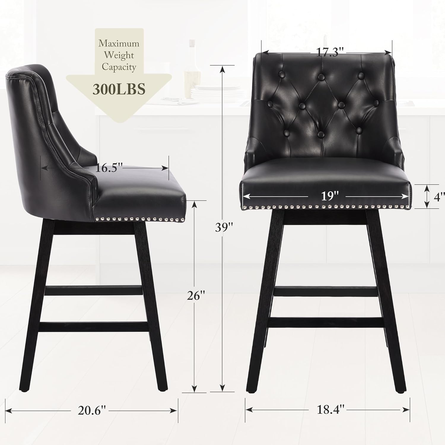 Black 26 Inch Counter Height Swivel Bar Stools With Backs