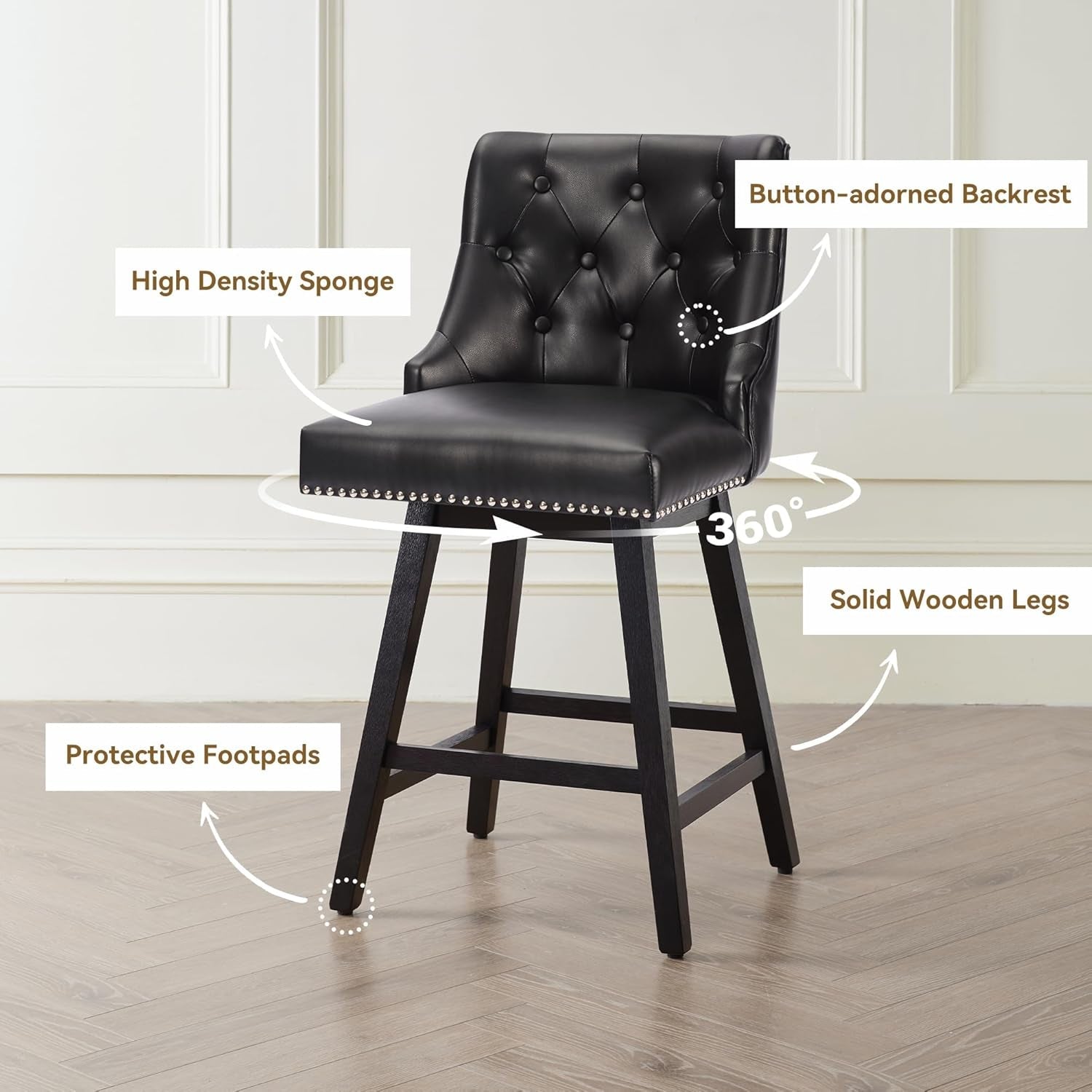Black 26 Inch Counter Height Swivel Bar Stools With Backs