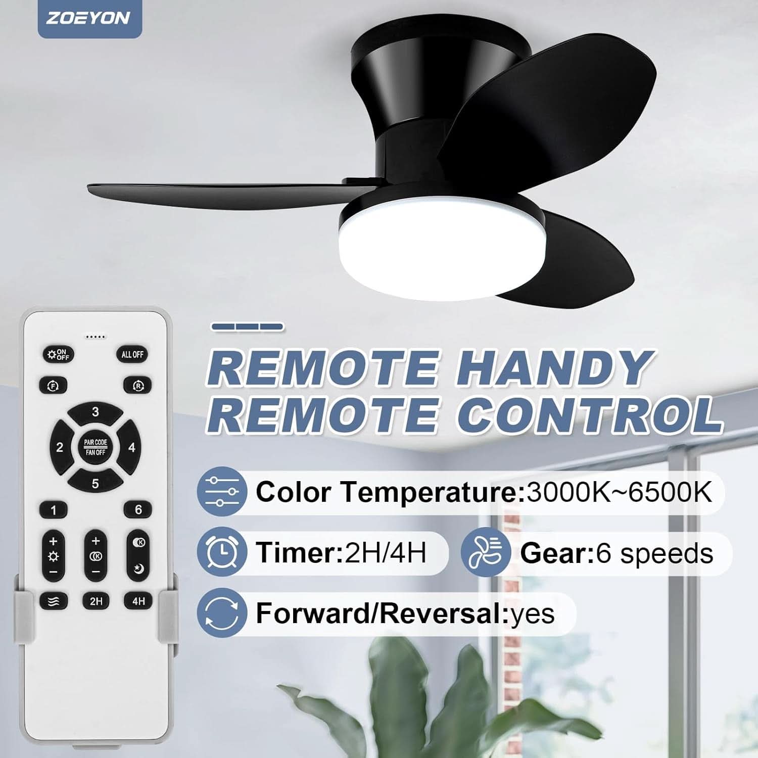 Black 26 Inch Flush Mount Ceiling Fan With Remote Control
