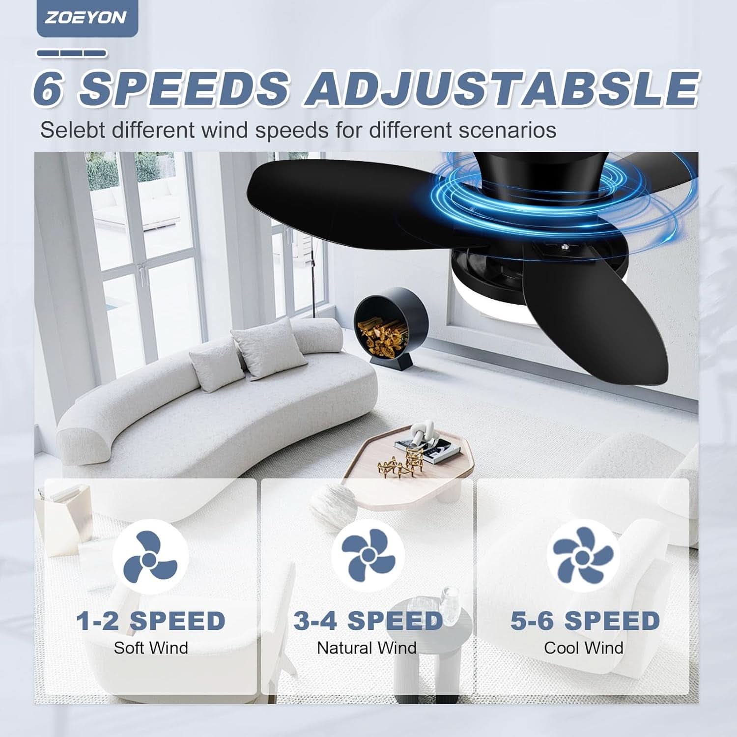 Black 26 Inch Flush Mount Ceiling Fan With Remote Control
