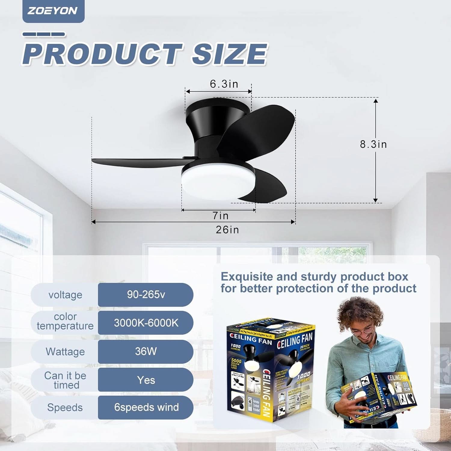 Black 26 Inch Flush Mount Ceiling Fan With Remote Control