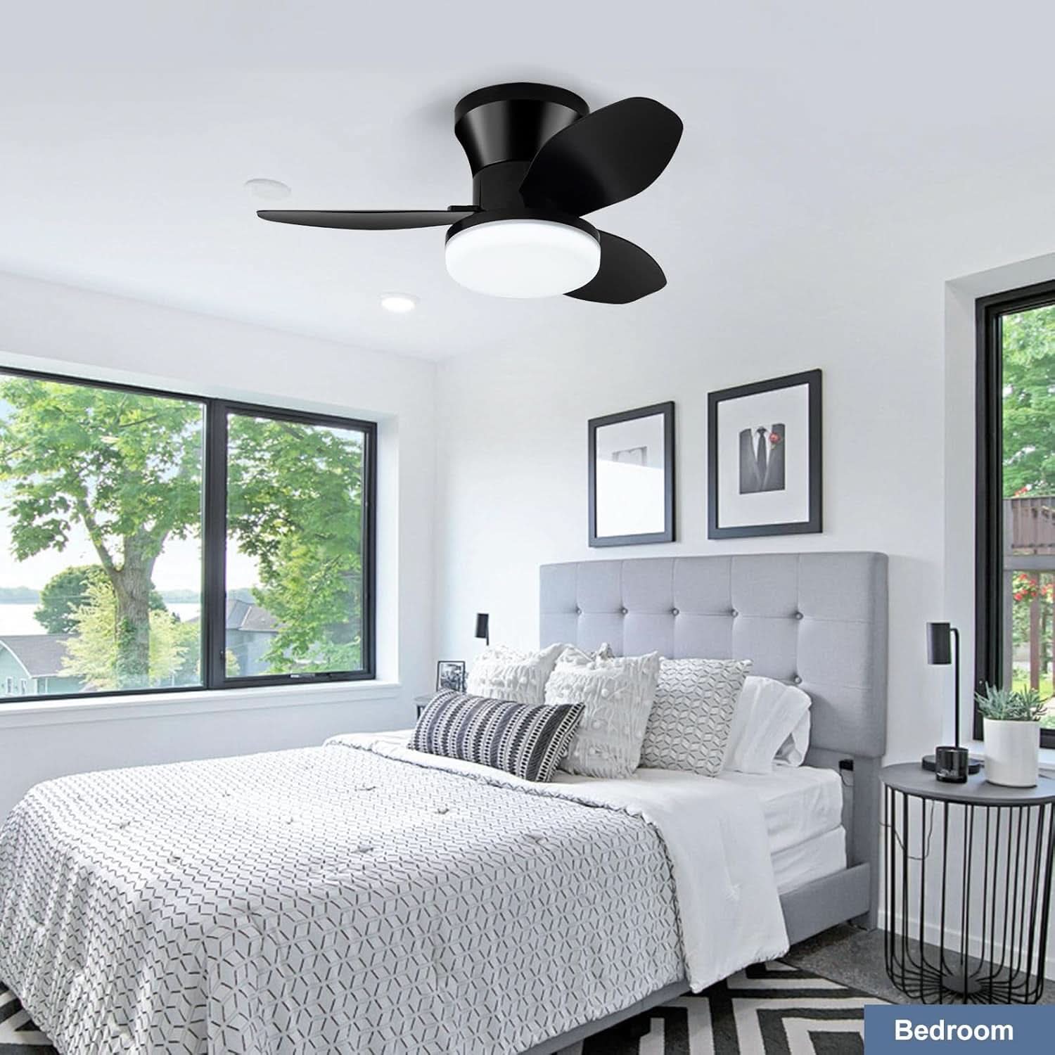 Black 26 Inch Flush Mount Ceiling Fan With Remote Control