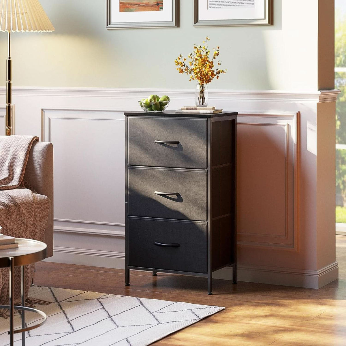 Black 3 Drawer Dresser Nightstand For Bedroom Compact