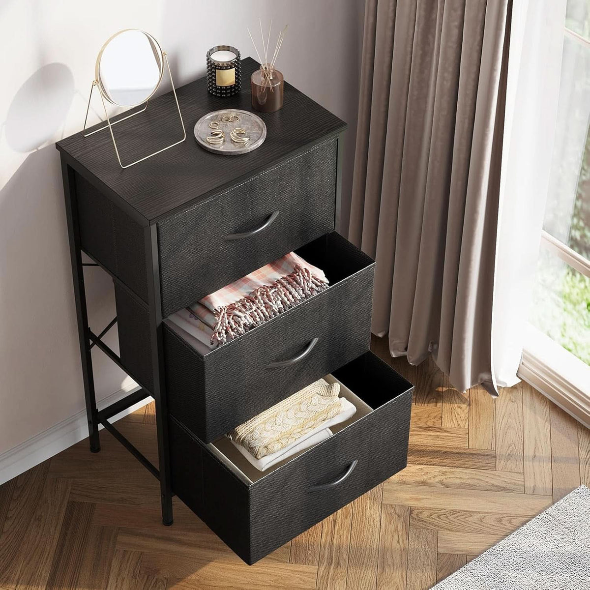 Black 3 Drawer Dresser Nightstand For Bedroom Compact