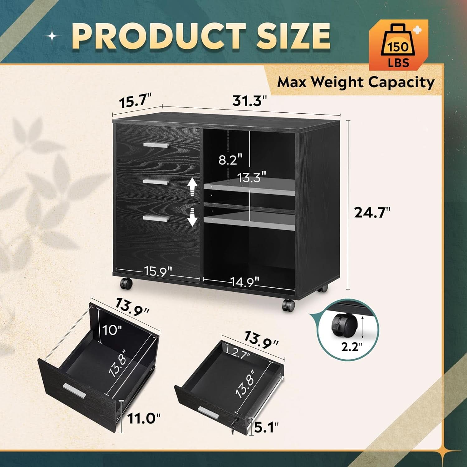 Black 3 Drawer Mobile File Cabinet And Printer Stand With Open Shelves Wood Lateral Filing Cabinet For Home Office