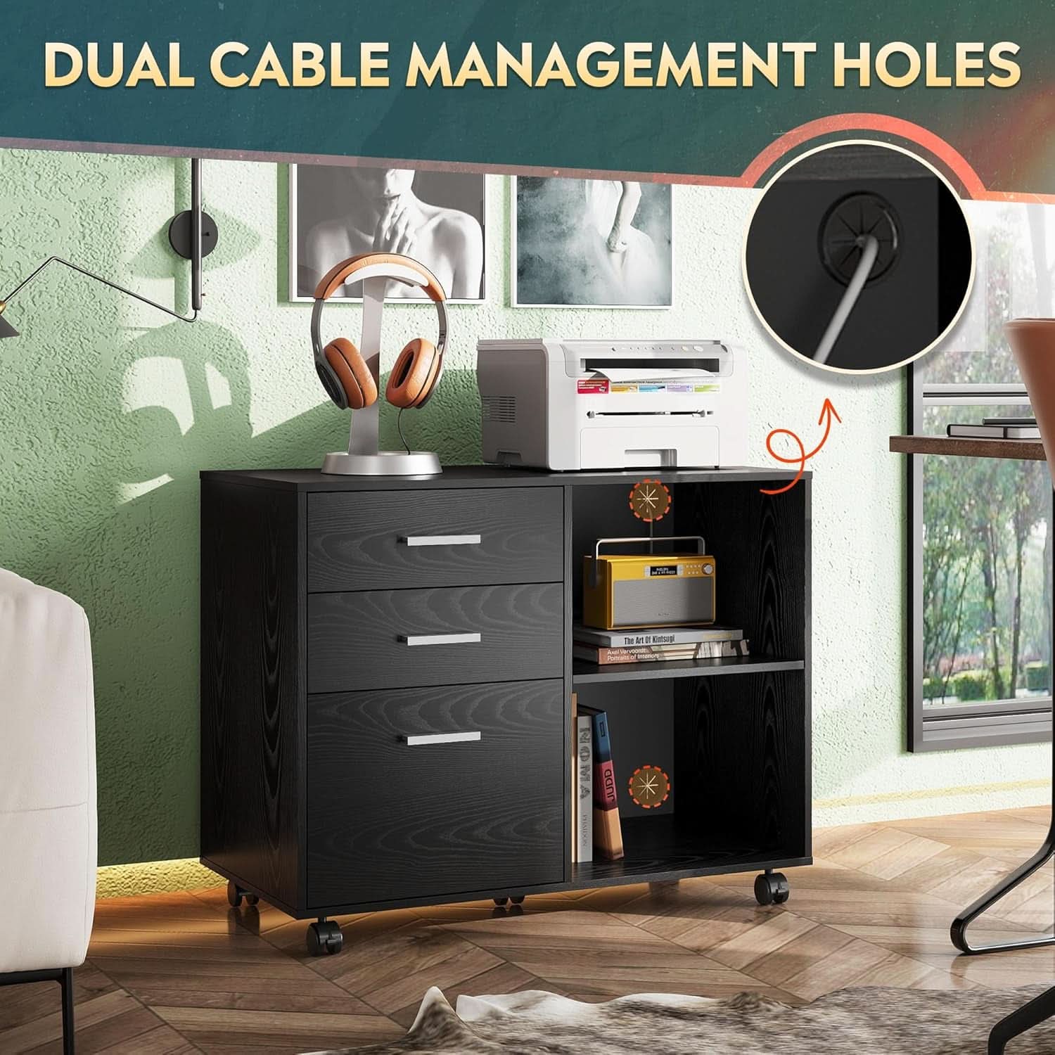 Black 3 Drawer Mobile File Cabinet And Printer Stand With Open Shelves Wood Lateral Filing Cabinet For Home Office