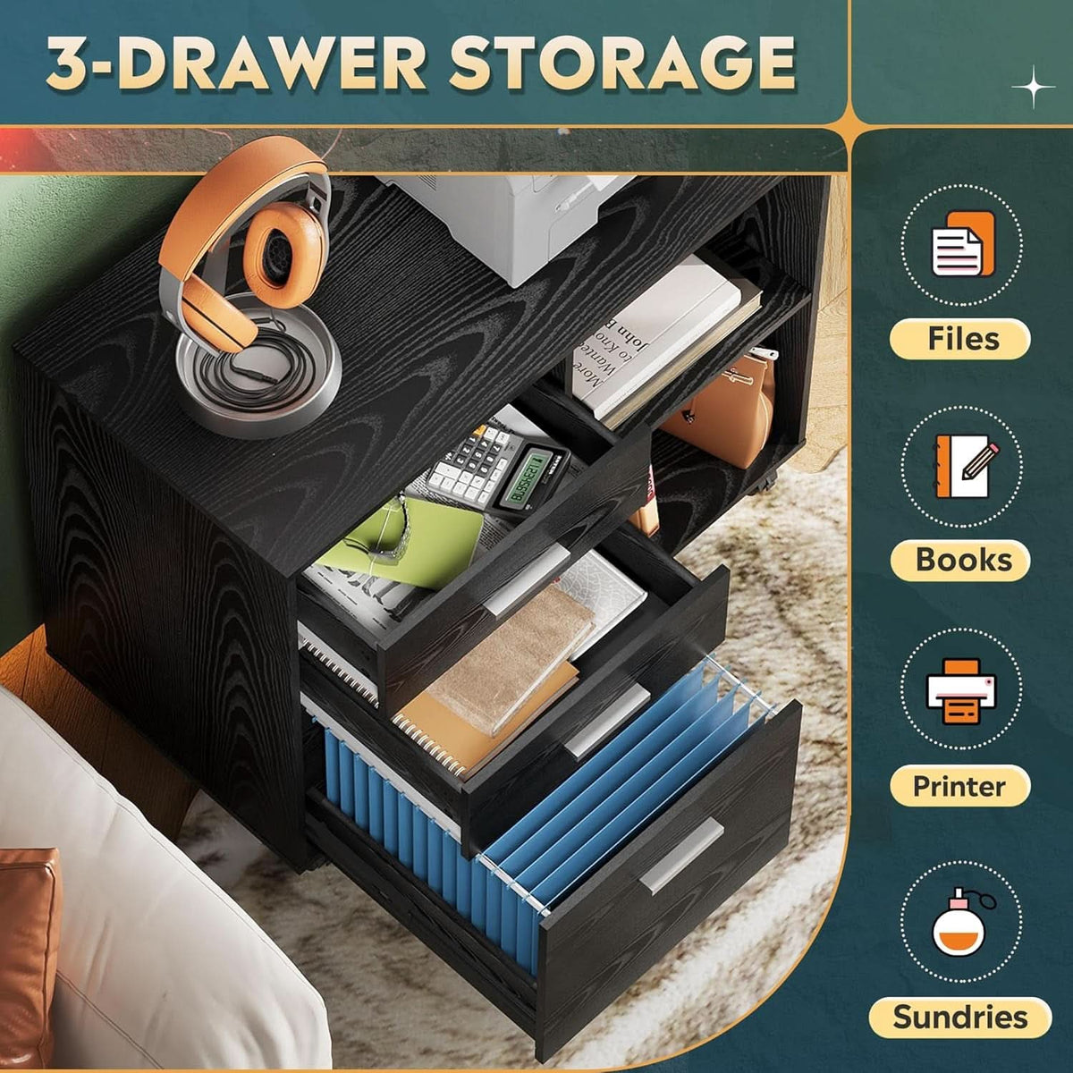 Black 3 Drawer Mobile File Cabinet And Printer Stand With Open Shelves Wood Lateral Filing Cabinet For Home Office