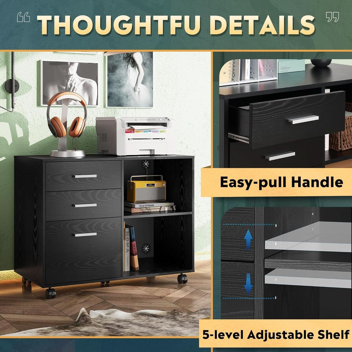 Black 3 Drawer Mobile File Cabinet And Printer Stand With Open Shelves Wood Lateral Filing Cabinet For Home Office