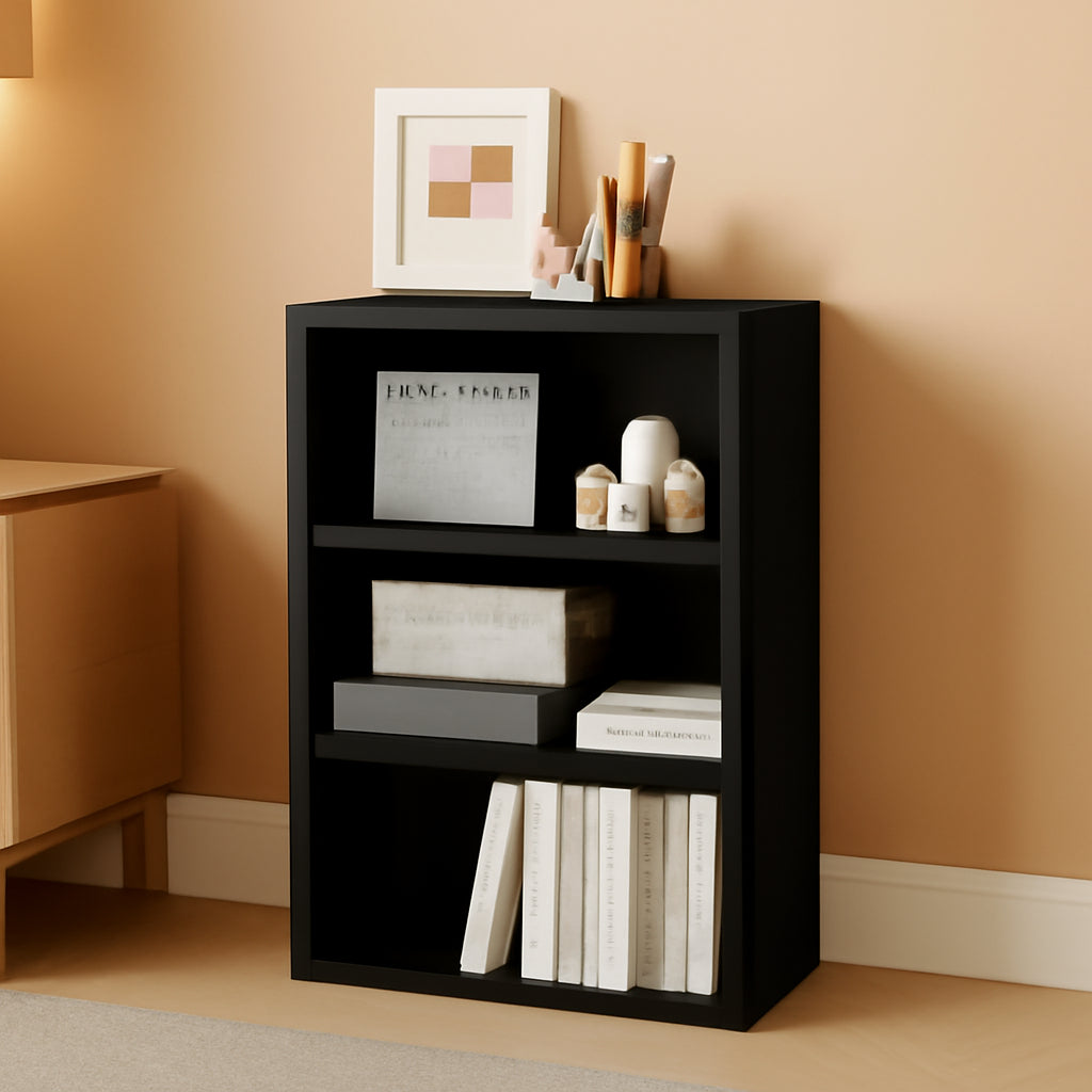 Black 3-Tier Open Bookshelf for Home Office Storage