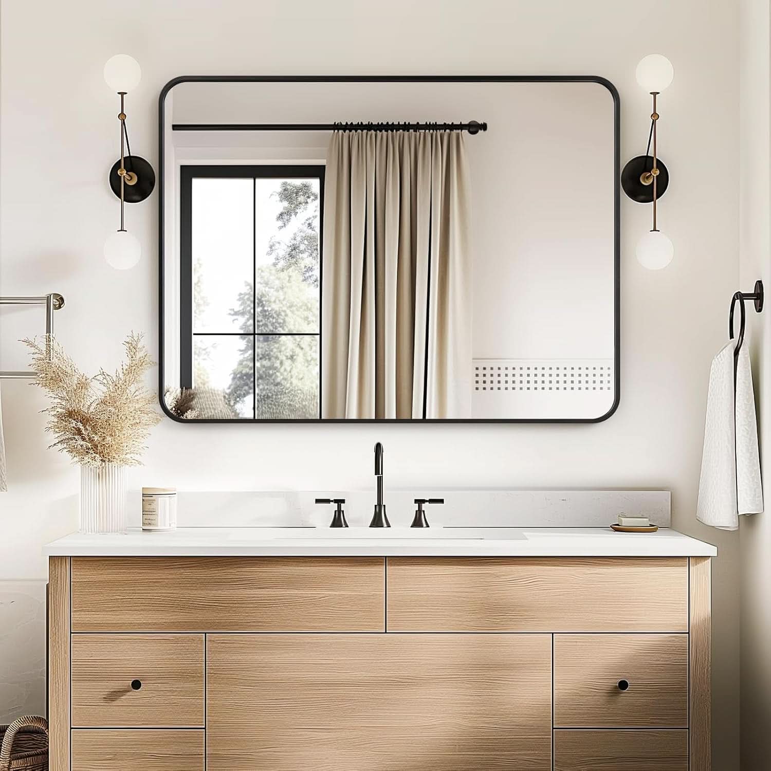 Black 30x40 Inch Rectangle Metal Frame Bathroom Vanity Mirror Wall Mounted